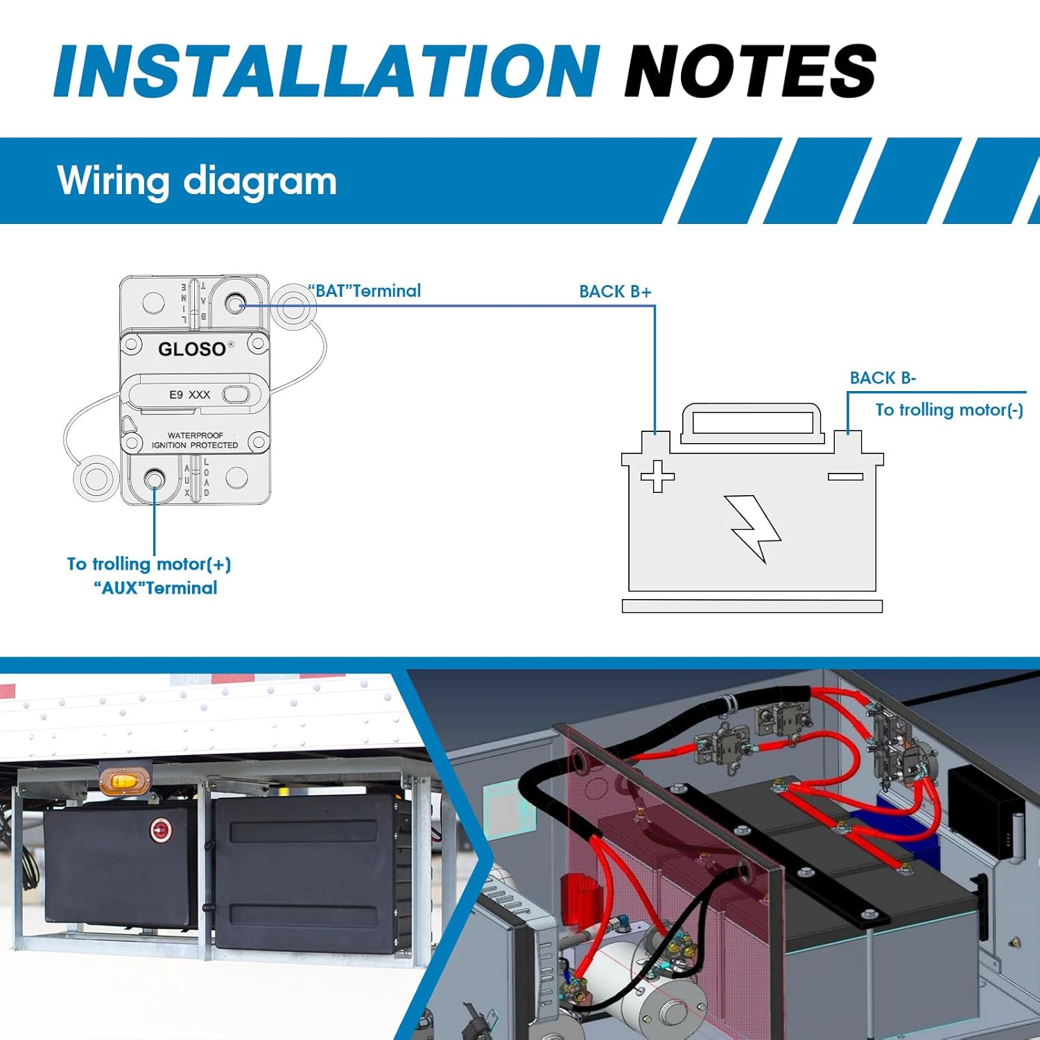 GLOSO E99 Waterproof Circuit Breaker 12V-48V DC Extended Surface Mount Manual Reset High-Amp for Marine RV Truck (50A) image number 3