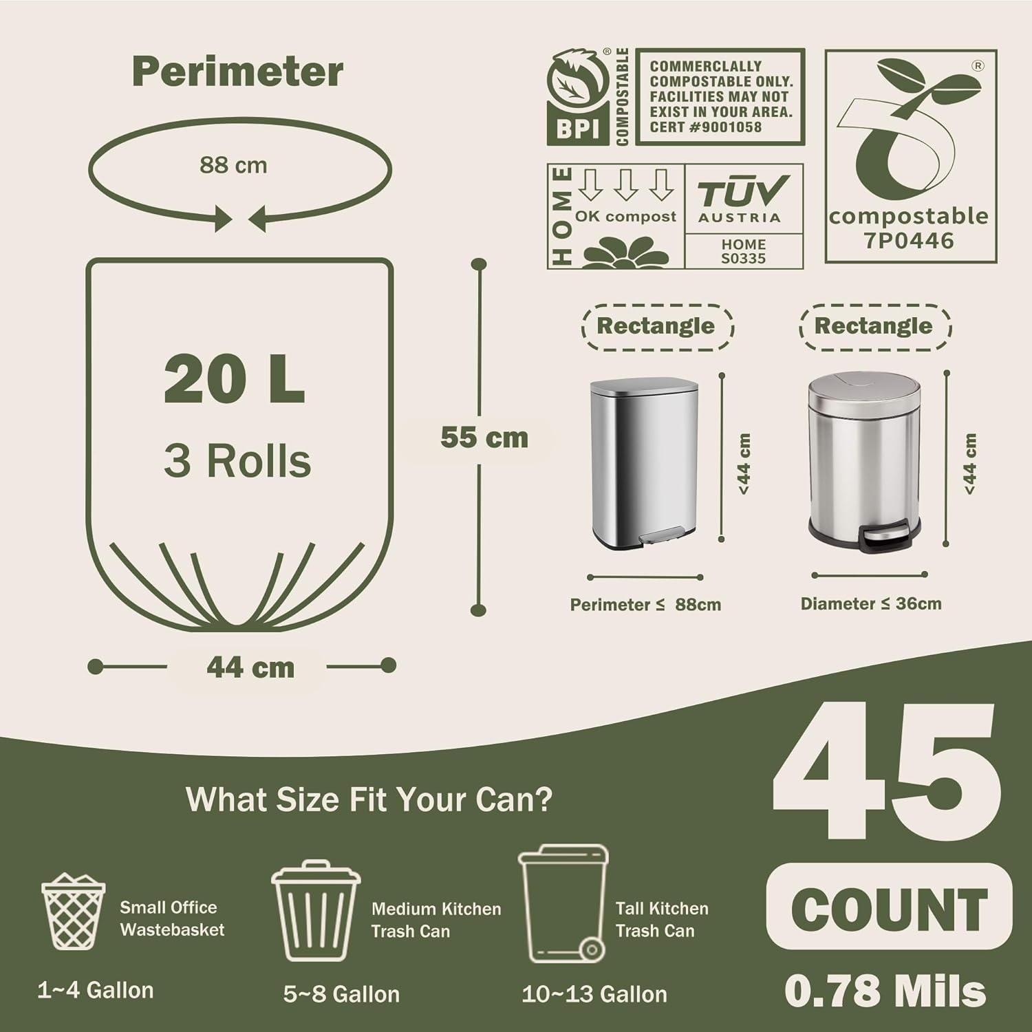 Compostable Bin Liners 20Liter Extra Thick 0.78 Mils, Biodegradable Food Scrap Waste Bags with US BPI ASTM D6400 and Europe OK Compost Home Certified image number 4