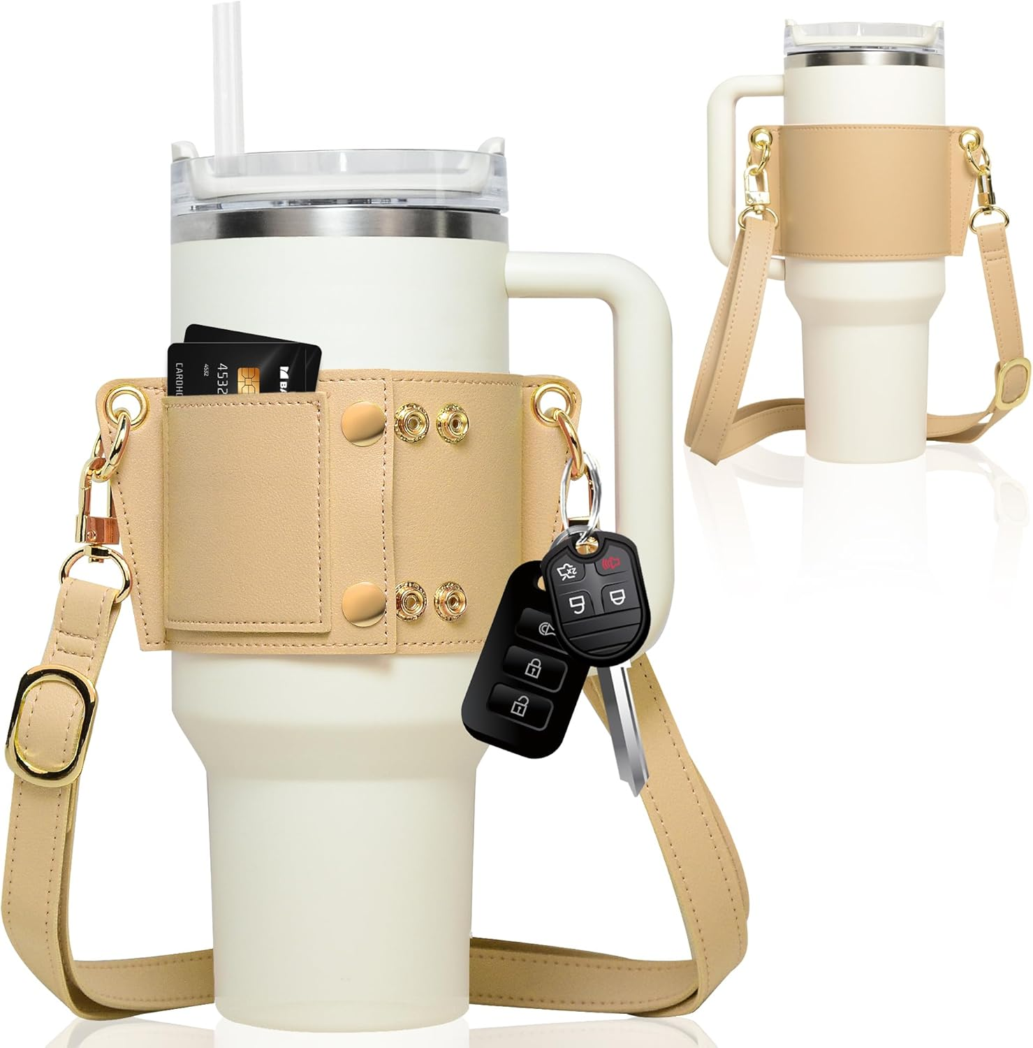 Water Bottle Holder - Carrier Strap for Stanley 40 Oz & 30 Oz Tumbler with Handle, for Stanley Cup Accessories, Adjustable Strap, Credit Card Holder, Keyring, Straw Cover (Khaki)
