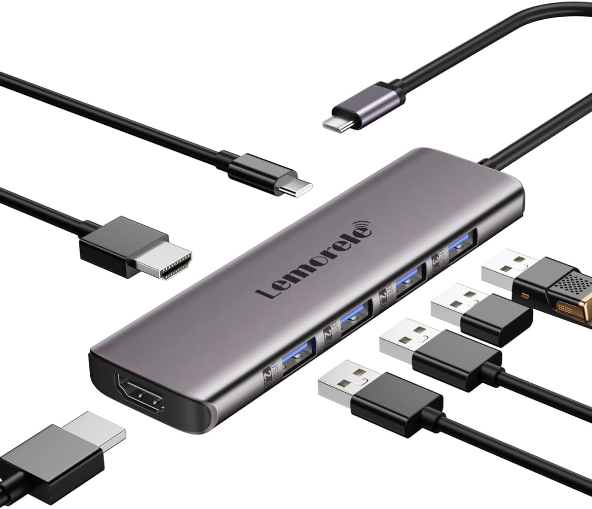 Aluminum USB C Docking Station Dual Monitor, Lemorele 7 in 1 Dual HDMI Adapter Multiport USB C Hub USB C Adapter with 2 HDMI, 3 USB 2.0, 1 USB 3.0, PD for Dell XPS 13/15, Lenovo Yoga image number 2