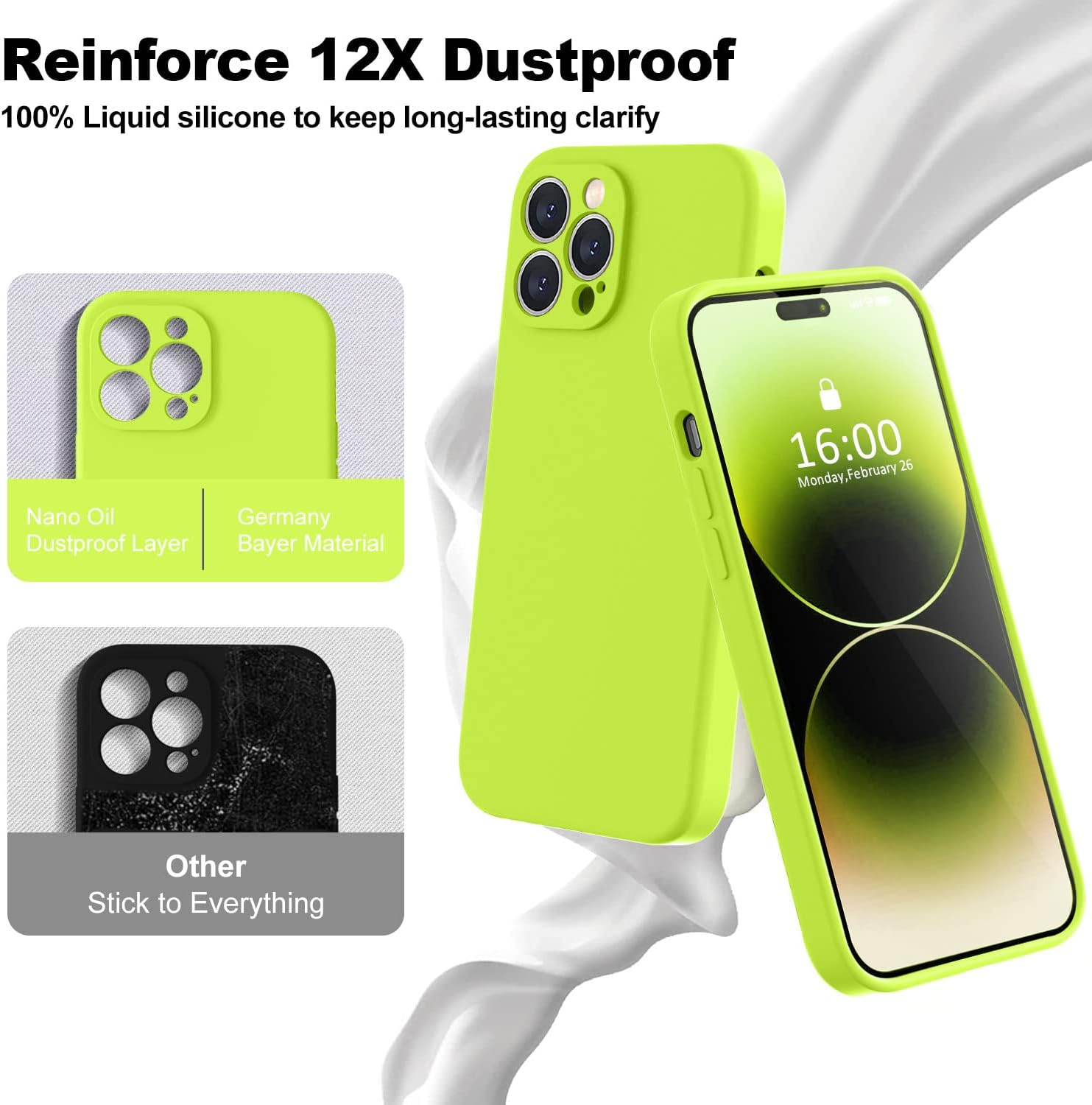 Bosskiss Compatible with Iphone 14 Pro Max Case 6.7 Inch, Premium Liquid Silicone Case [Velvety Touch] [2 Pcs 9H Tempered Glass Screen Protector], Camera All-Round Protection Case, Fluorescent Green image number 6