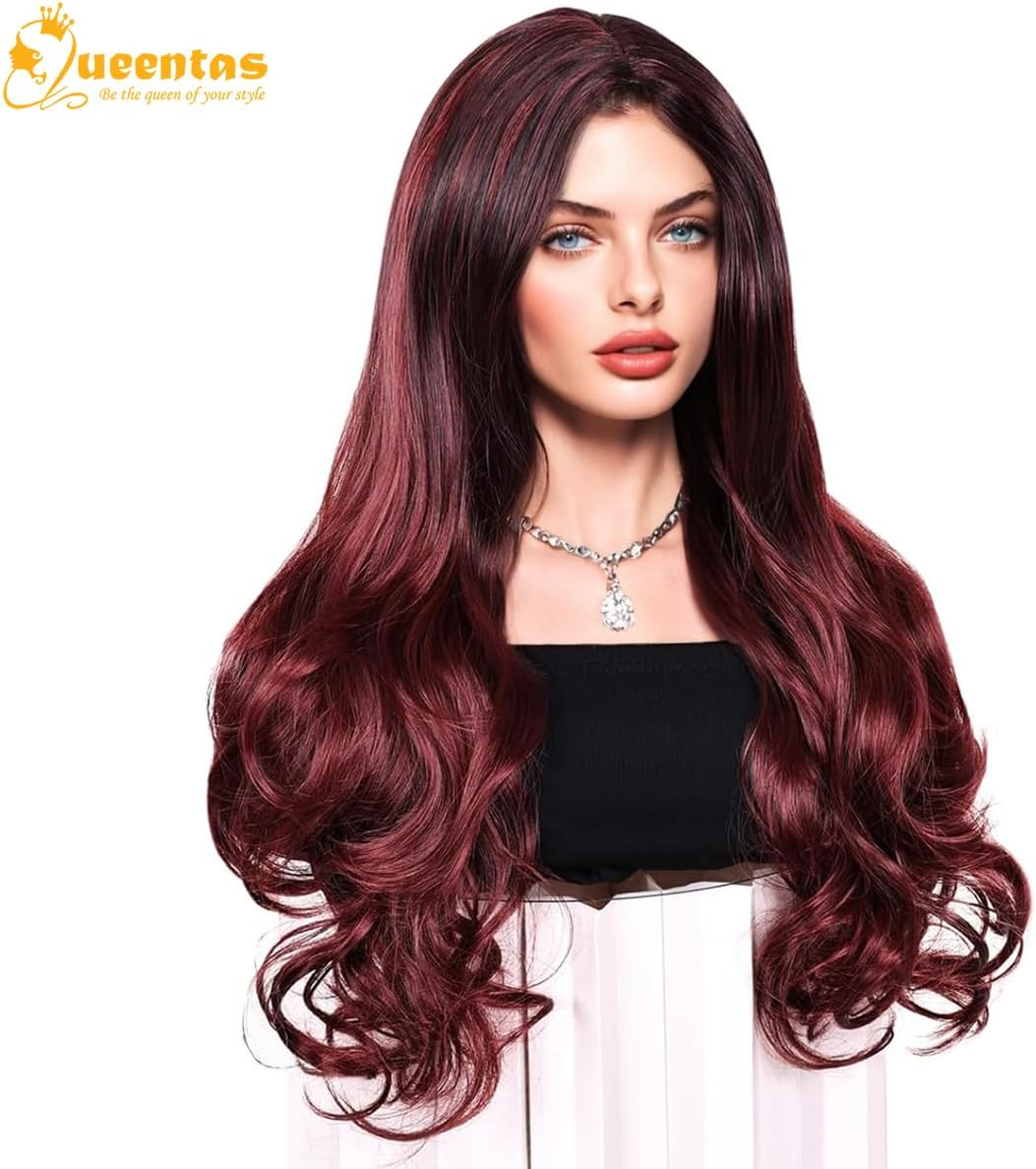 QUEENTAS 24 Inch Black Ombre Burgundy Wigs for Women Long Curly Wig Glueless Deep Wave Synthetic Hair Wigs image number 6