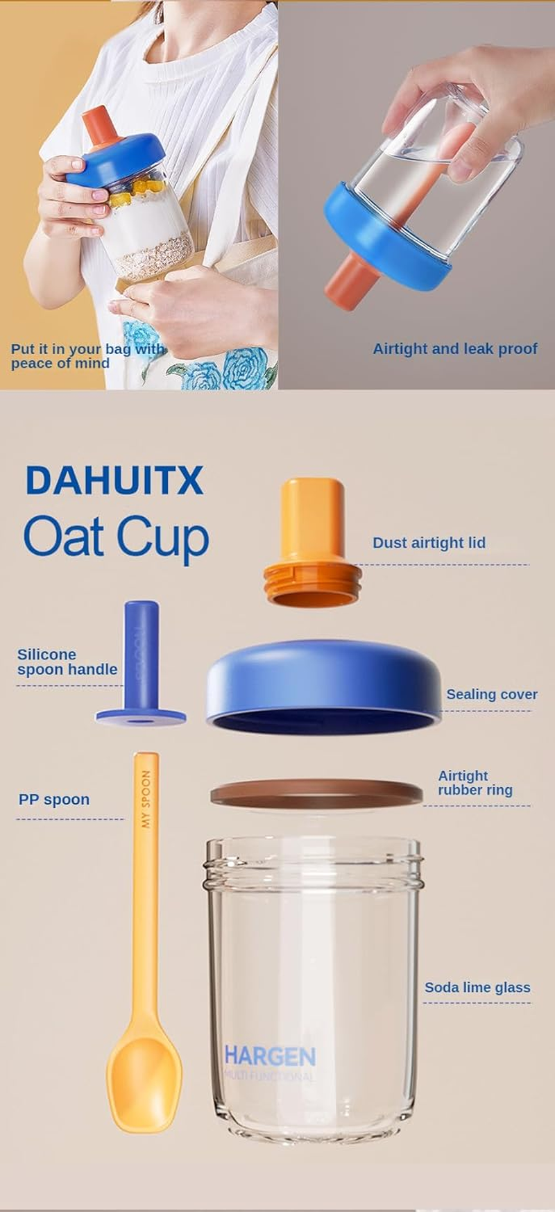 2 Pack Overnight Oats Containers with Lids and Spoons, 13.5 Oz Breakfast Yogurt Cup to Go, for Milk, Cereal, Oatmeal (Pink+Pink) image number 5