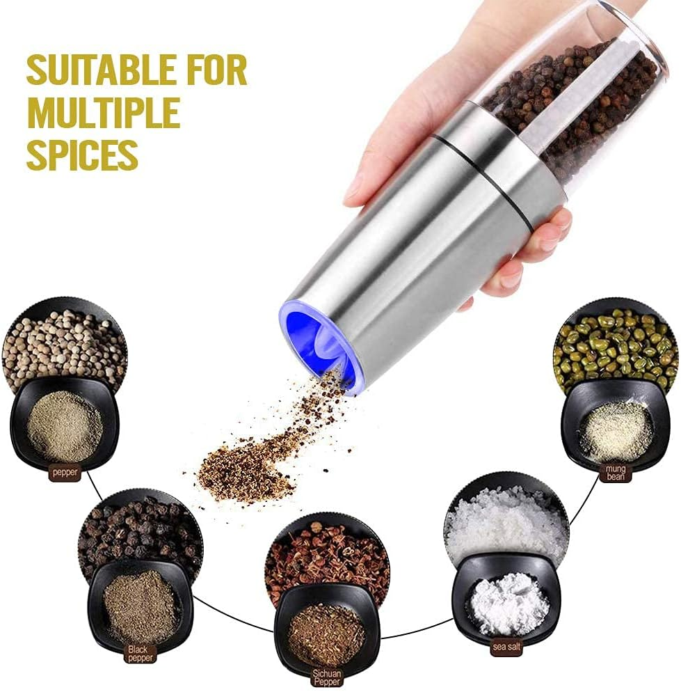 AVNICUD Electric Salt and Pepper Grinder, Automatic Pepper Mill, Gravity Salt Grinder, Battery-Operated with Adjustable Coarseness, LED Light, One Hand Operated (Silver 2Pack) - Black 1Pack image number 5