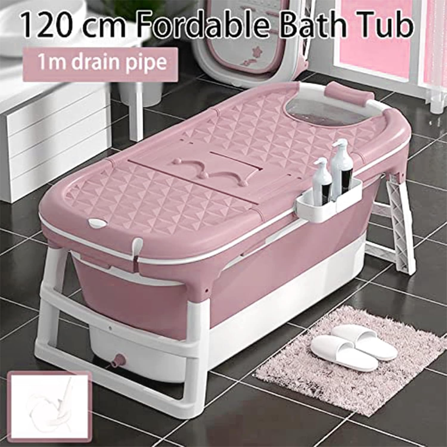 USOR 120Cm Foldable Bathtub for Adults, Portable Soaking Bath Tub with Insulated Cover, Thickened PP/TPE Collapsible Spa Tub for Small Bathroom & Indoor Outdoor Pink image number 4