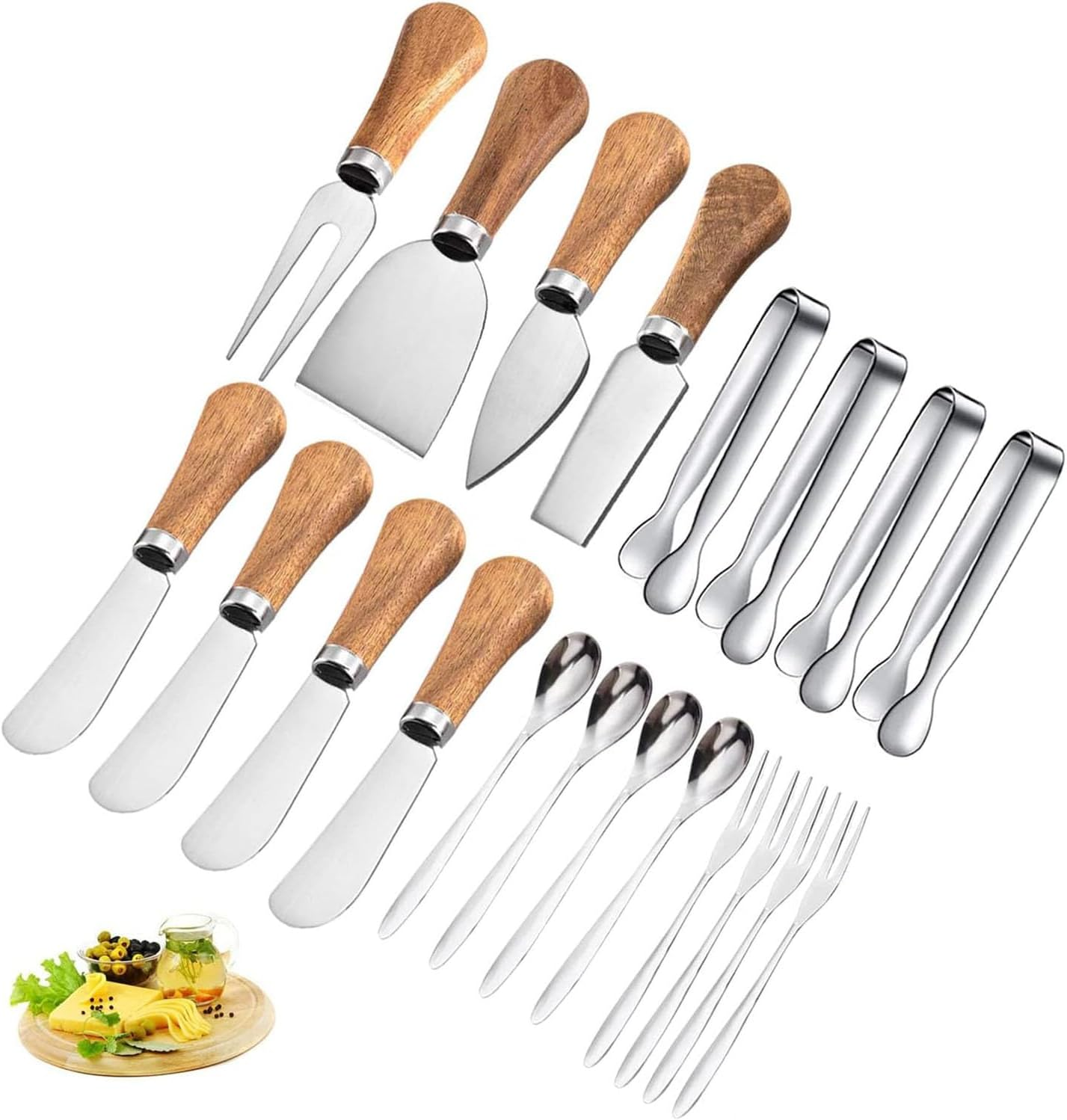 Cheese Knives Set with Wooden Handle,Mini Serving Tongs Spoons Forks Toothpick Flags for Party Christmas image number 1