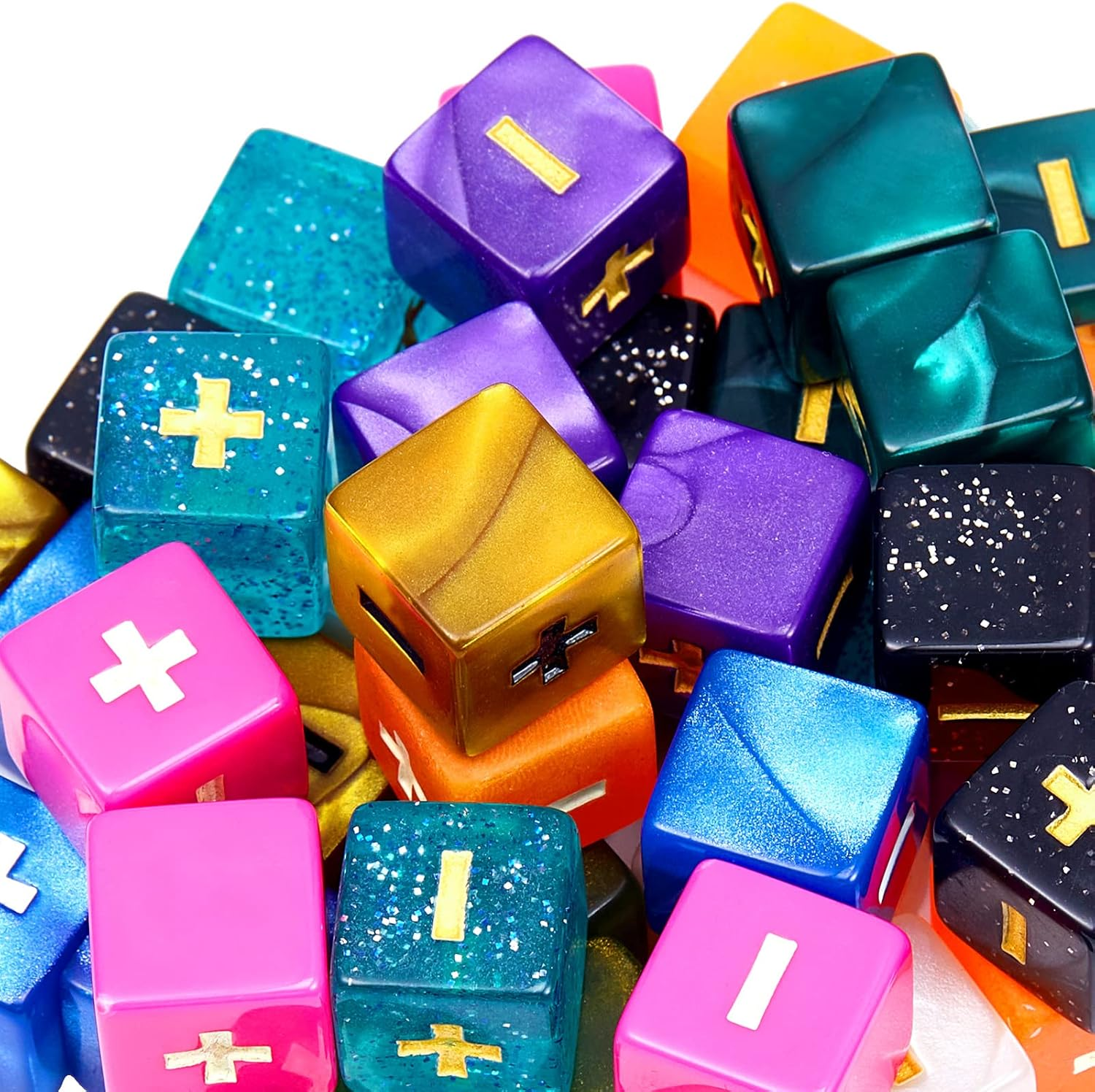 Sumind 40 Pcs Fudge Dice with 2 Black Velvet Bags plus minus Dice Multicolored Acrylic Dice Toys with Plus, Minus, and Blank Sides for Kids Classroom Teacher Teaching Games Props, 10 Colors