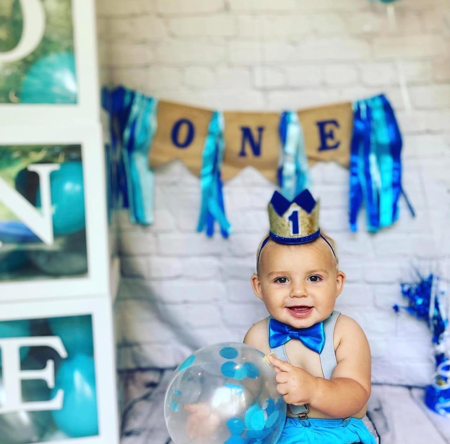 Baby 1St Birthday Boy Decorations with Crown - Baby Boy First Birthday Decorations High Chair Banner - Cake Smash Party Supplies - Happy Birthday ONE Burlap Banner, No.1 Crown, Glitter Cake Topper image number 4