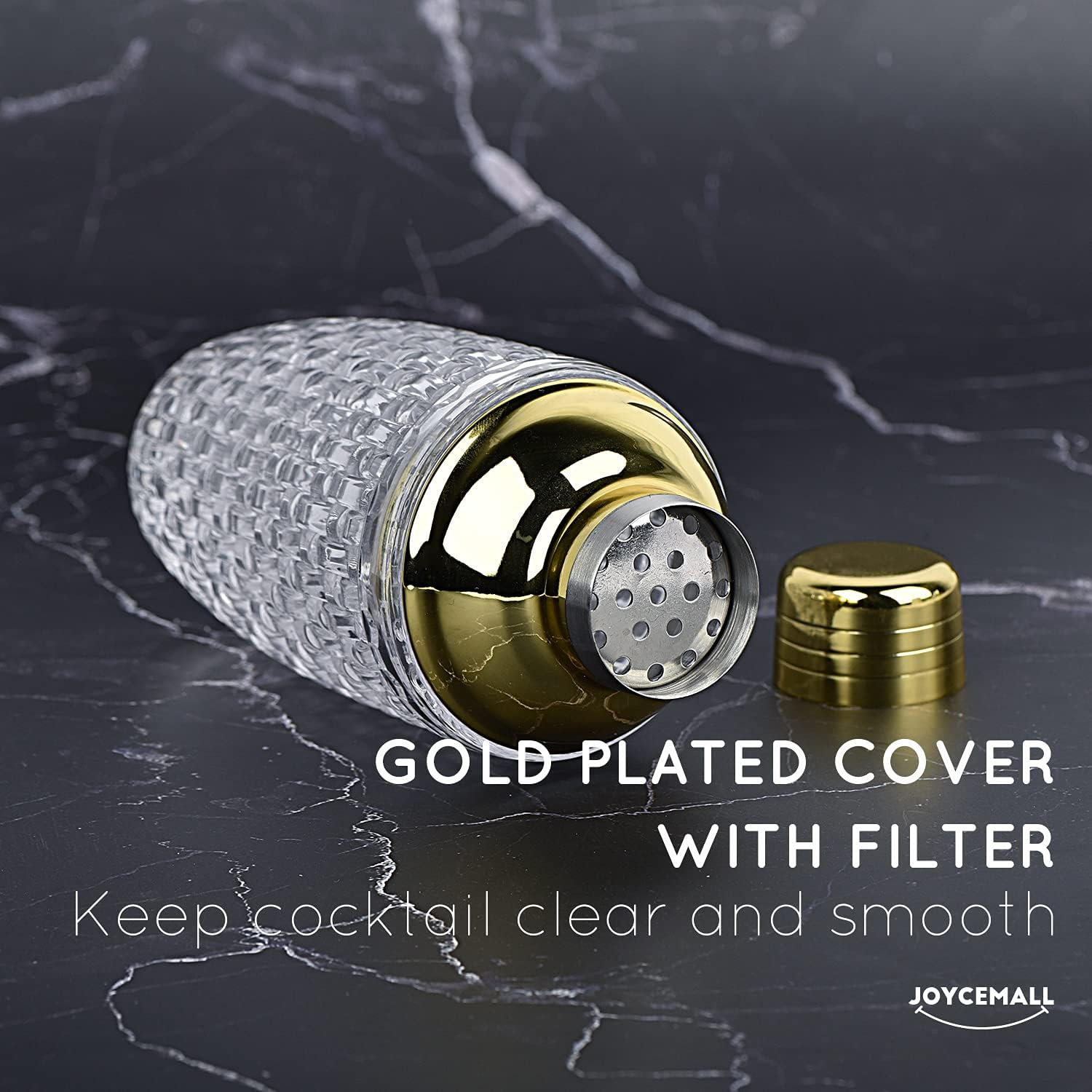 Glass Cocktail Shaker Kit, 13 Ounce Martini Mocktail Making Set with Leakproof Metallic Steel Lid & Strainer for Home Use & Bar Cart Gold