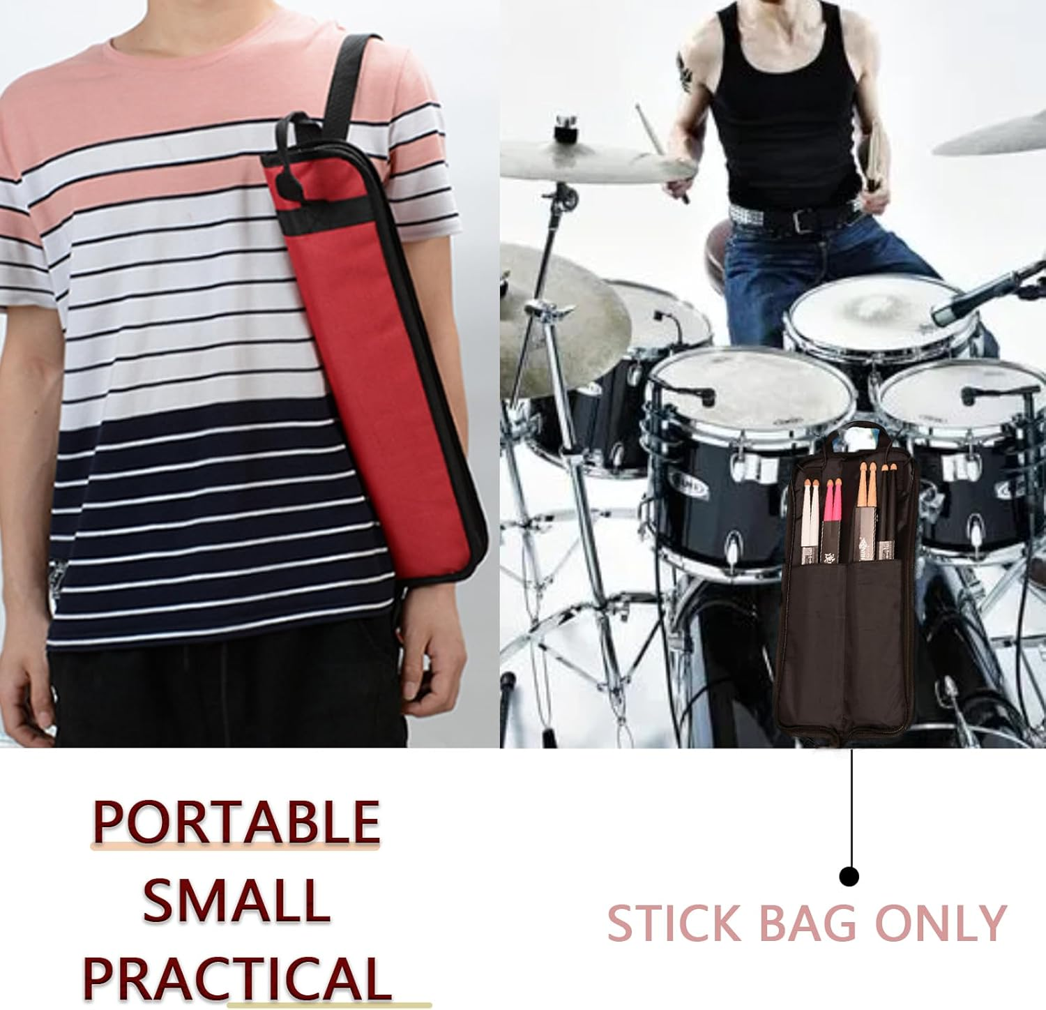 Portable Drumstick Storage Case, Small Hanging Holder with Hooks inside for Drum Set Mallet and Percussion Sticks - Bue image number 6