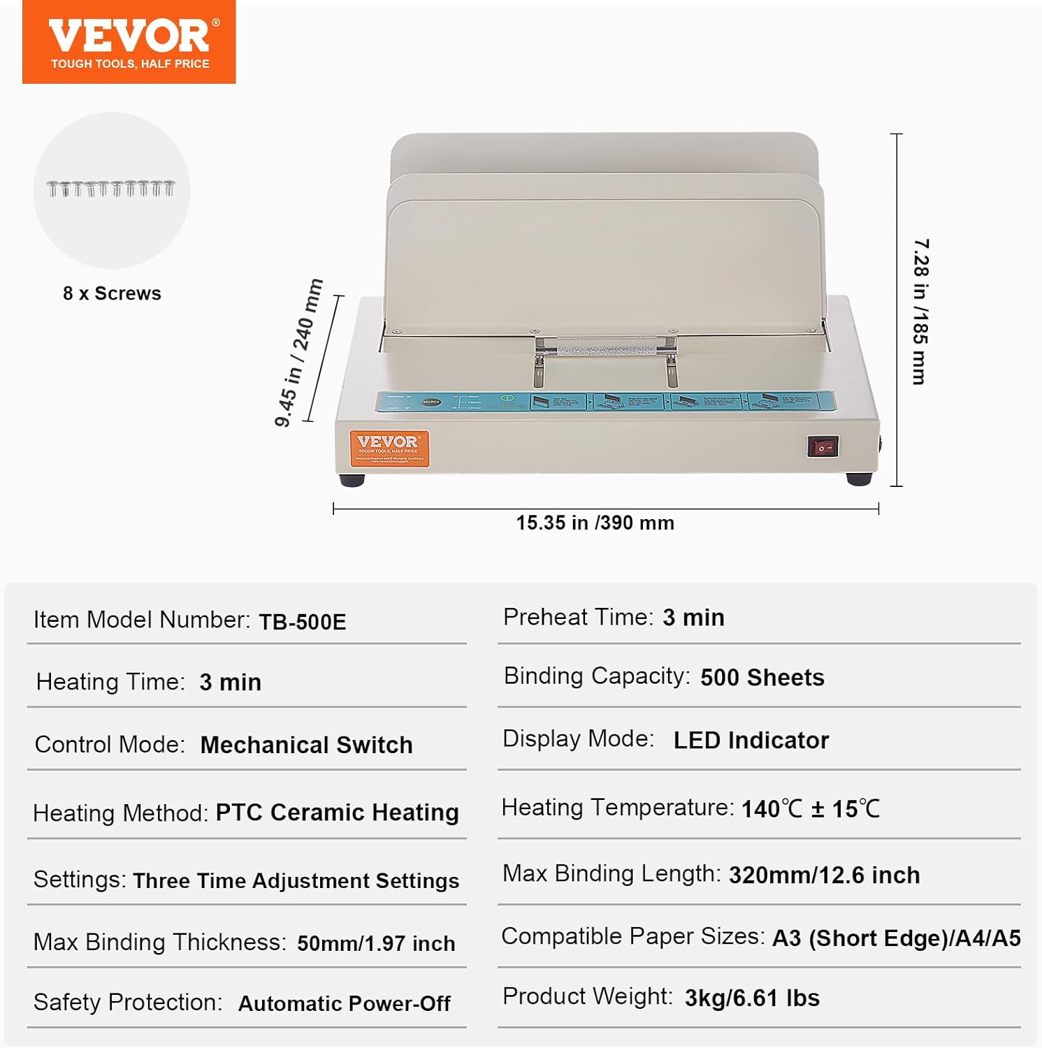 VEVOR Thermal Binding Machine, 500 Sheets Capacity Book Binding Machine, Thermal Book Binder 50Mm Binding Thickness A3(Short Edge)/A4/A5 Document, with Infrared Optical Detection image number 6