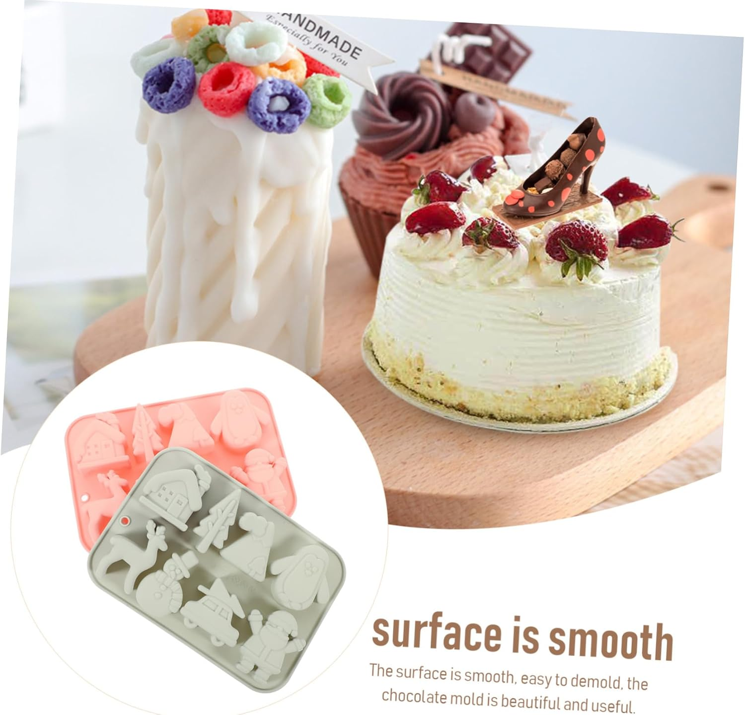 2Pcs Christmas Silicone Molds for Baking Non-Stick Surface for Christmas Parties and Holiday Treats for Making Gummy Candies and Small Cakes