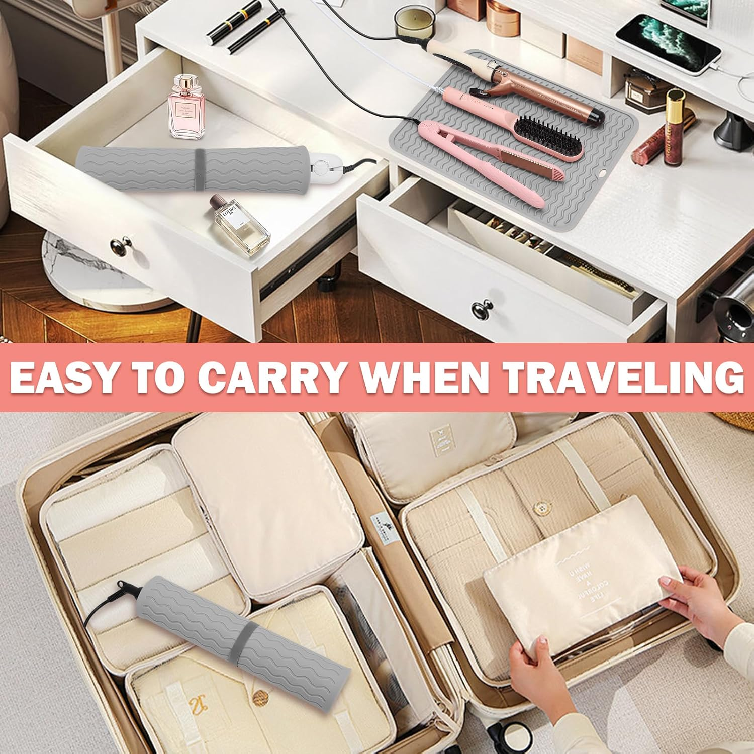 Oversize Silicone Heat Resistant Mat for Curling Iron, Hair Straightener, Flat Irons and Hot Hair Styling Tools, Portable Wrap Cover with Velcro for Home Travel Gym Salon(14.2"" X 11"") image number 3