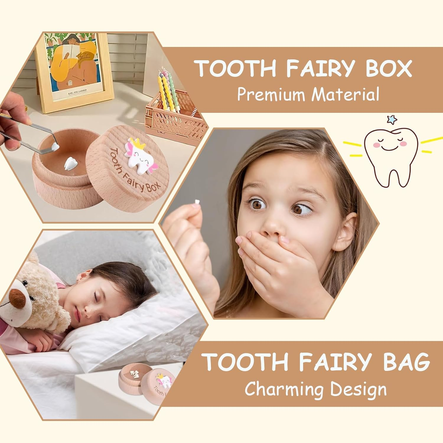 2 Pcs Set Wooden Tooth Fairy Box Tooth Fairy Bag 3D Carved Wooden Toothfairy Box, Collect Lost Teeth Dropped Keepsake Storage Baby Shower Birthday Gift image number 6