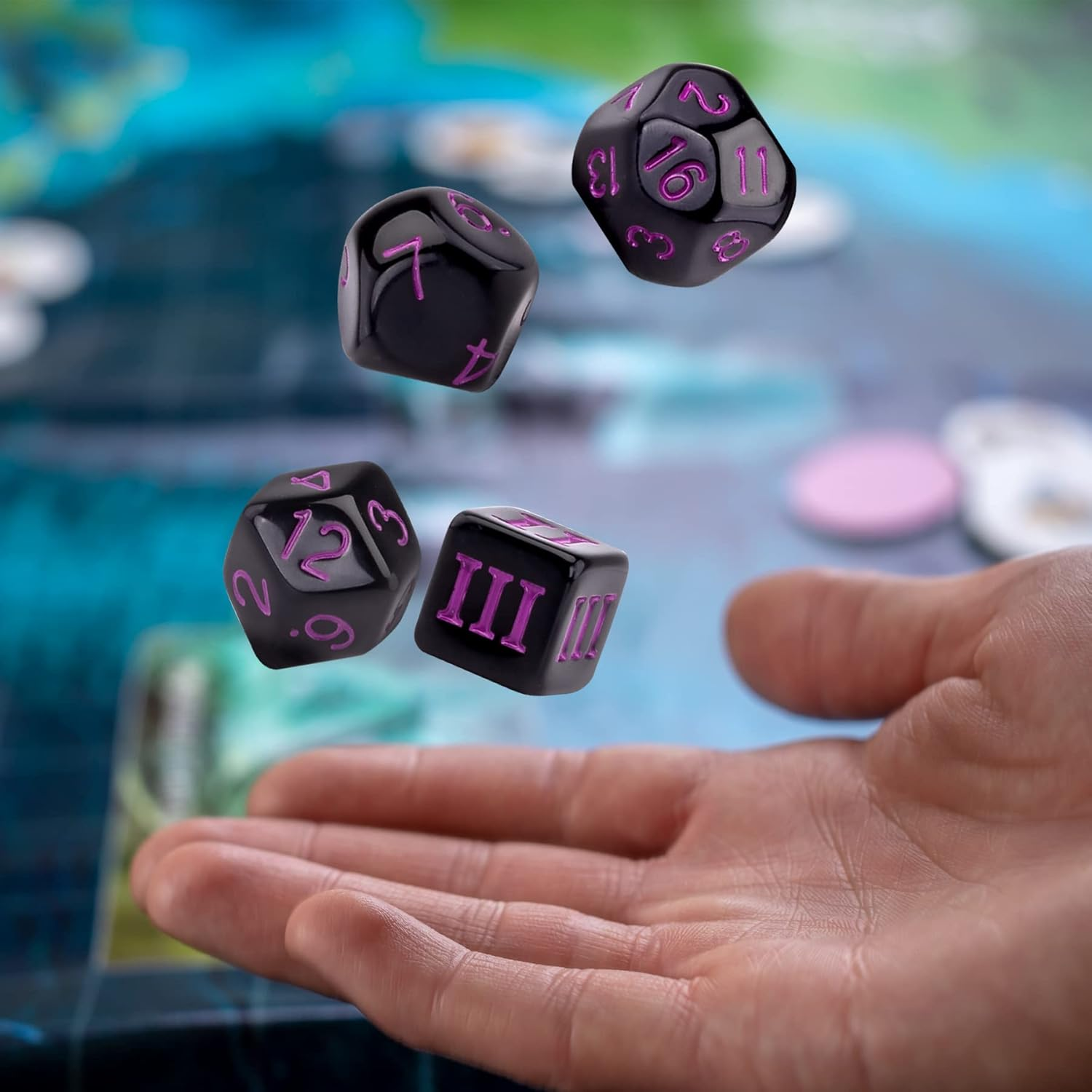 AUSTOR 15 Pieces Complete Polyhedral Dice Set D3-D100 Game Dice Set with a Leather Drawstring Storage Bag for Role Playing Table Games(Black & Purple) - Black  Blue image number 6