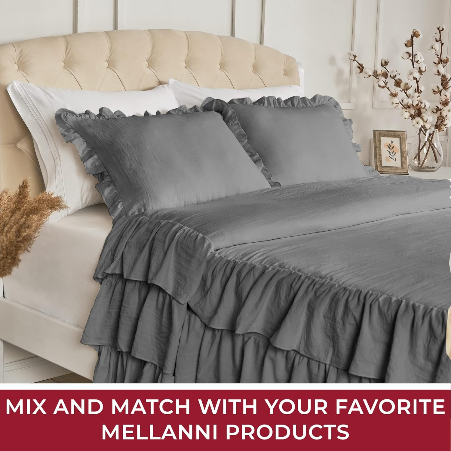 Mellanni Multi-Ruffled King Comforter Set - 3-Pieces: 1 Bedspread & 2 Shams - Shabby Chic Bedding Set - 30" Deep Bedskirt for Total Coverage - Durable and Comfortable Chic Bedspreads (King, Gray) image number 5
