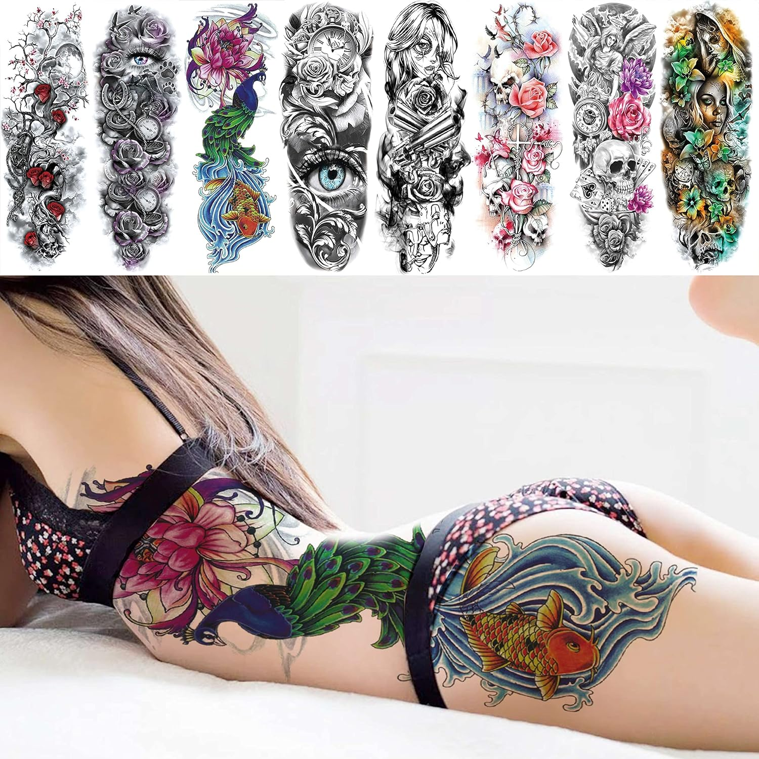 11 Sheets NEZAR Large Vine Peony Flower Rose Full Arm Temporary Tattoos for Women Realistic Skull Skeleton Fake Temporary Tattoo Sleeves Stickers Waterproof Leg Makeup Floral Blossom Tatoos Paper Eye image number 2