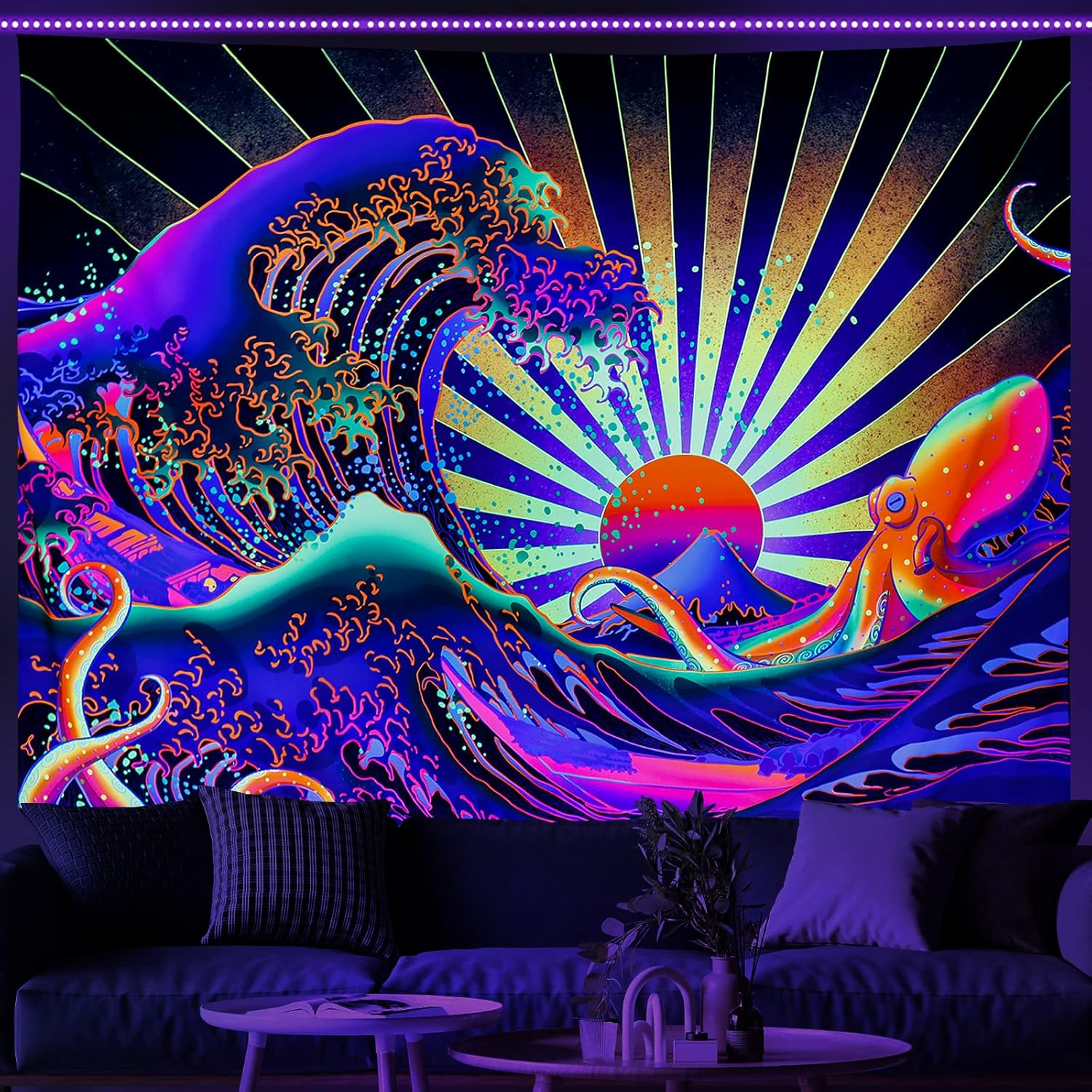 Blacklight Tapestry Great Wave Tapestry UV Reactive Japanese Kanagawa Sunset Tapestry Vintage Ocean Wave Octopus Tapestry Wall Hanging for Bedroom Backdrop image number 3