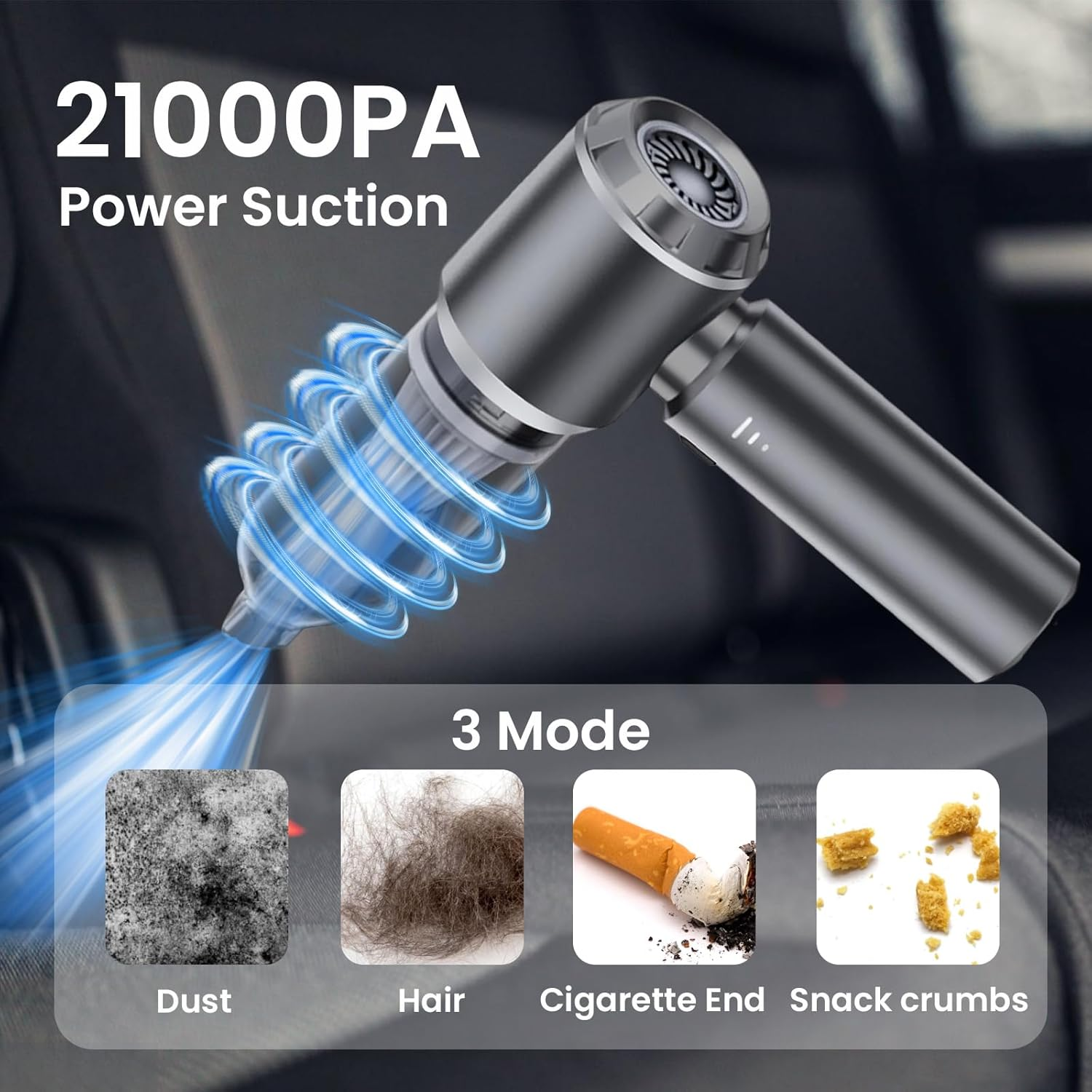 Cordless Car Vacuum Cleaner, 21000PA Handheld Vacuum Cleaner, Rechargeable High Power Suction Vacuum Cleaner with 3 Gear Adjustment, Portable Vacuum Cleaner for Home, Office, Kitchen, Cars, Sofa, Pet image number 4