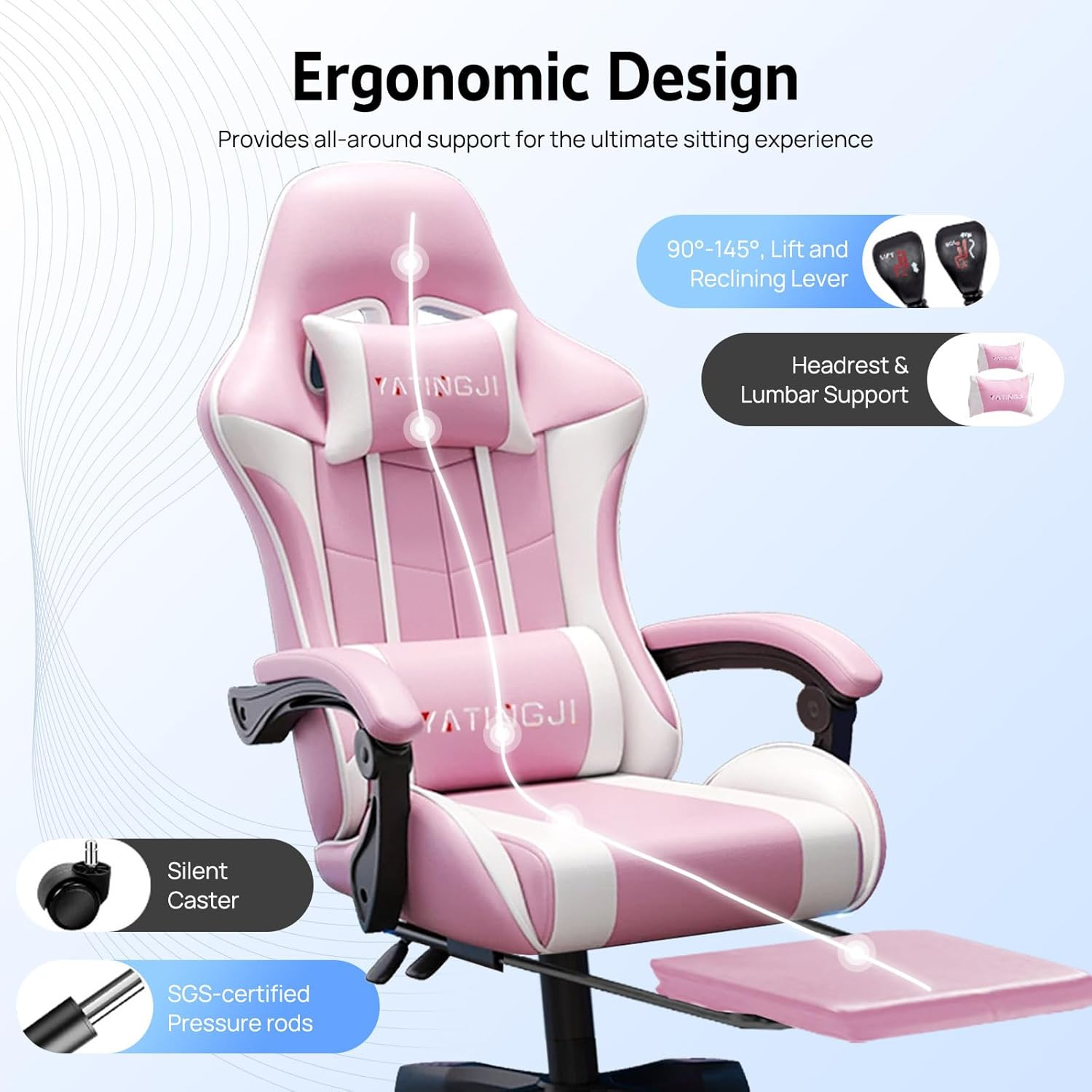 Gaming Chair,With Head Cushion,Height Adjustable,Pu Leather Racing-Style Executive Seat,Reclining Capability,Suitable for Office Chair (Pink and White with Head Cushion) image number 4