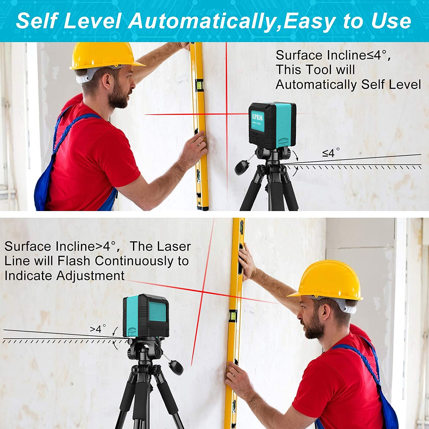 Kiprim Laser Level Self-Leveling Red Beam Horizontal and Vertical Cross-Line Laser for Construction,Picture Hanging,Wall Writing Painting (Red)