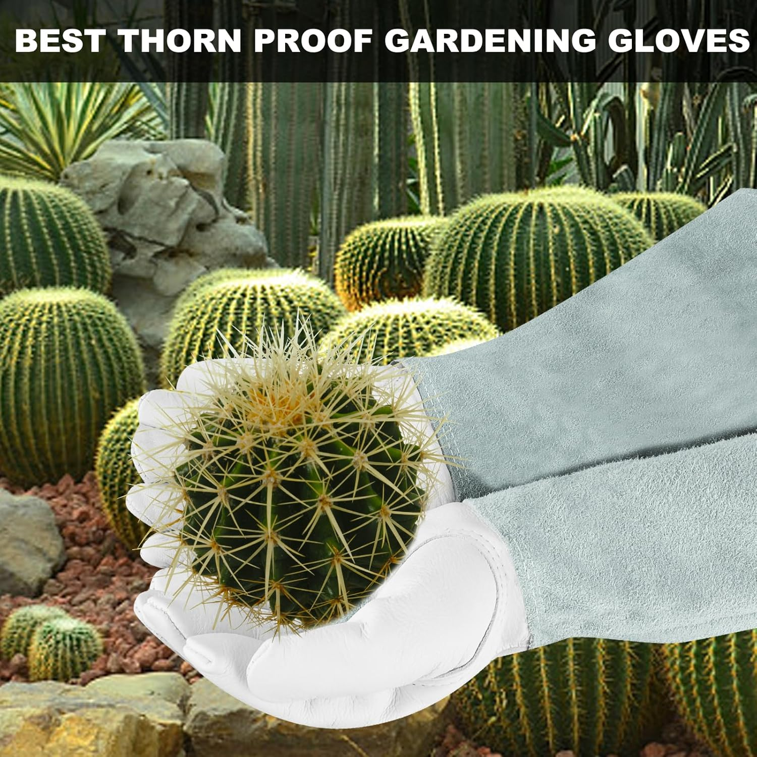 Leather Gardening Gloves for Women/Men - Thorn Proof Cowhide Leather Rose/Blackberry Pruning Heavy Duty Garden Gloves Thick Palm Gauntlet Garden Work Gloves with Forearm Protection