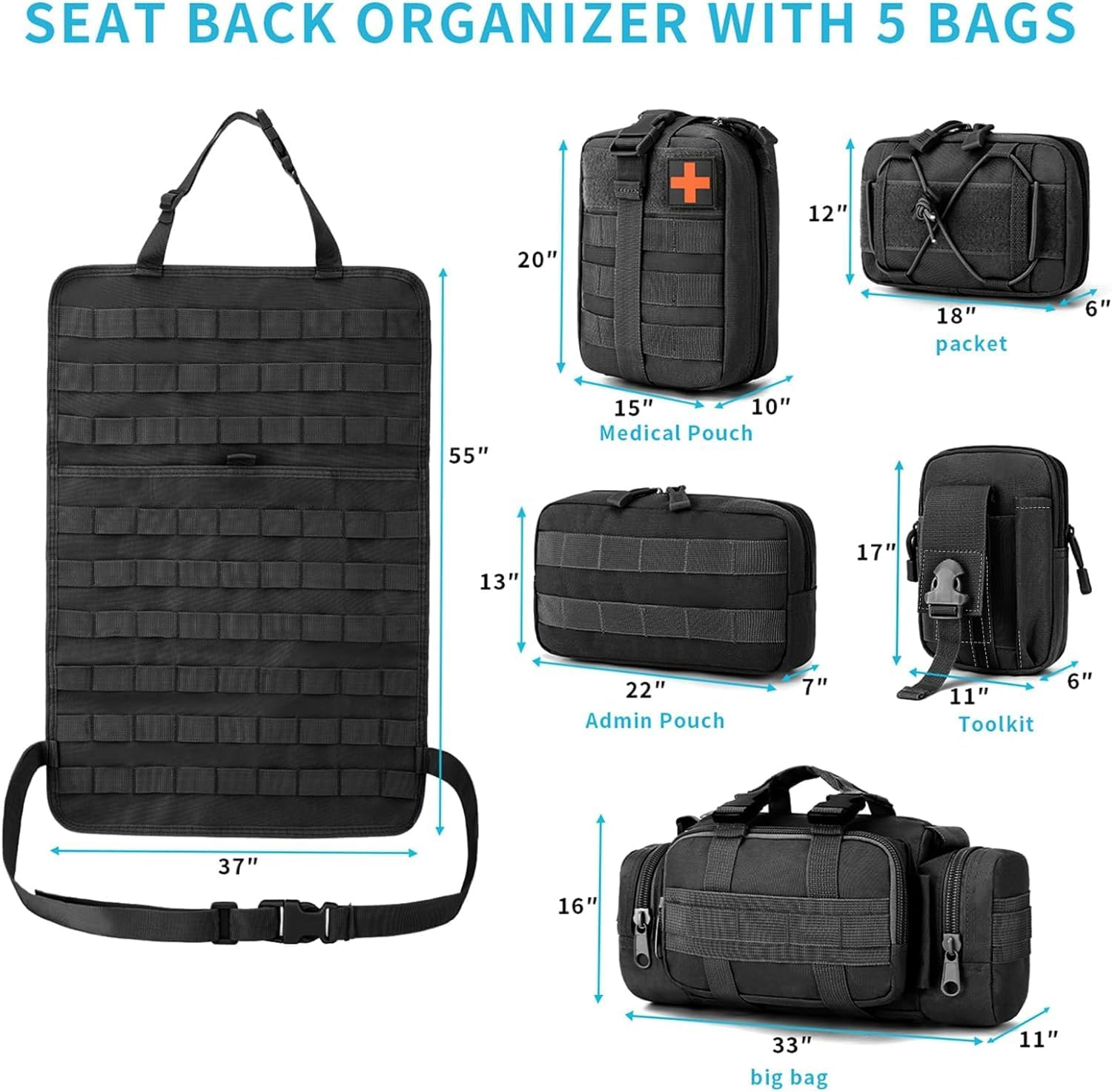 Universal Tactical Vehicle Seat Back Organizer Panel with 5 Detachable MOLLE Pouches - Medical, Phone, Storage Pouch, Suitable for Vehicles Such as Jeep, Truck, SUV, Ford, Chevrolet, Etc image number 1