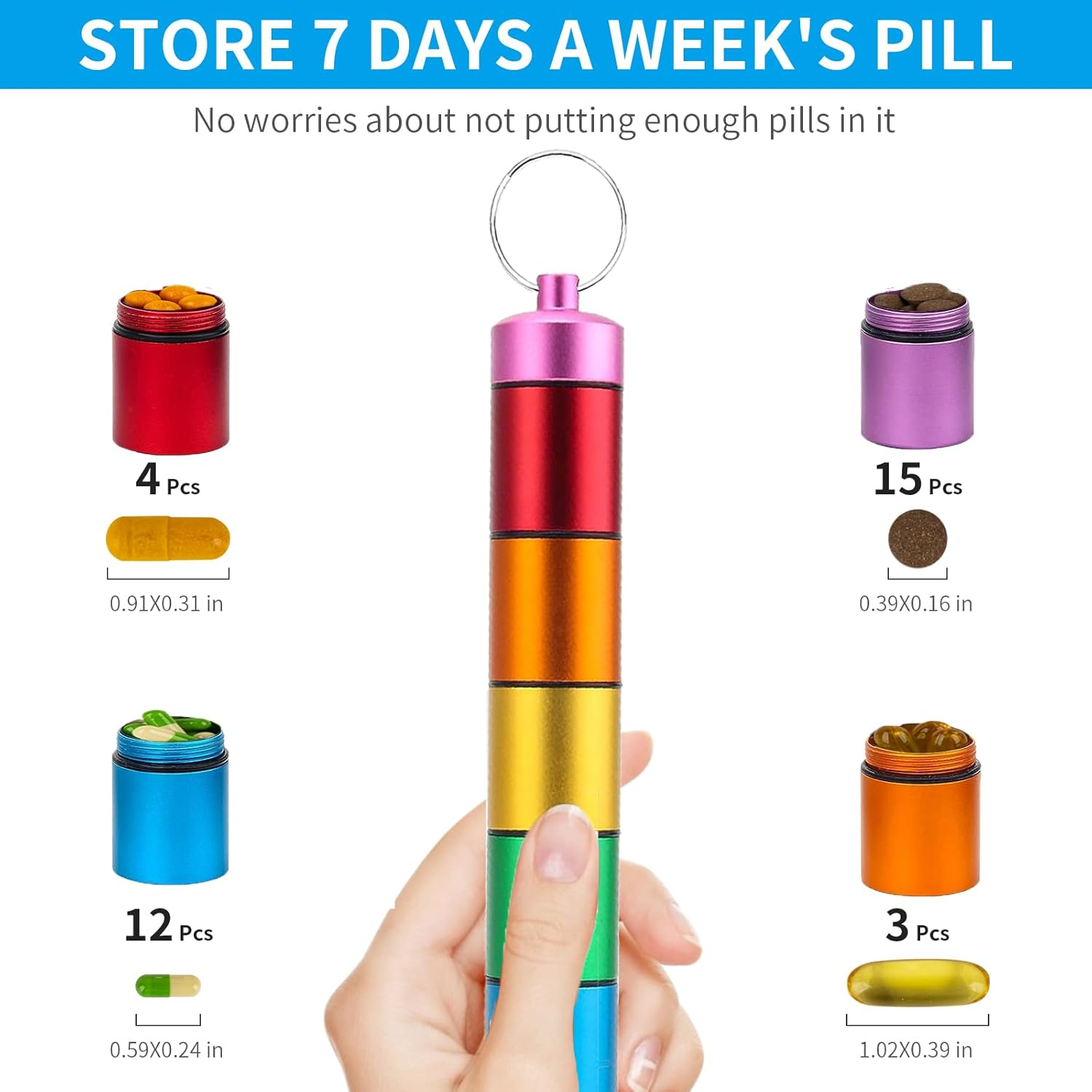 Pill Box Organizer, 7 Compartment Pill Case, Waterproof Emergency Medicine Container, Daily Pills Holder, Pill Dispenser Storage Box with Keychain, Ideal for Travel/Outdoor/Crush-Resistant - Sliver image number 3