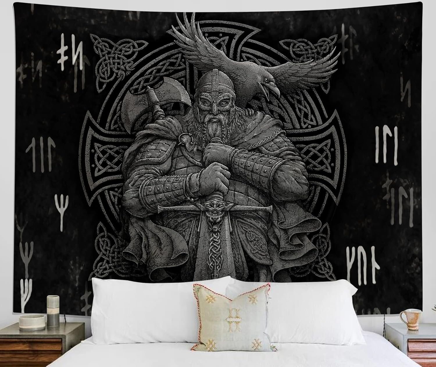 Norse Viking Tapestry Odin Warrior Sword Axe Raven Tapestries Square Knot Tattoo Art Wall Hanging Nordic Meditation Runes for Men Bedroom Aesthetic Room Home Decor 80" X 60" image number 3