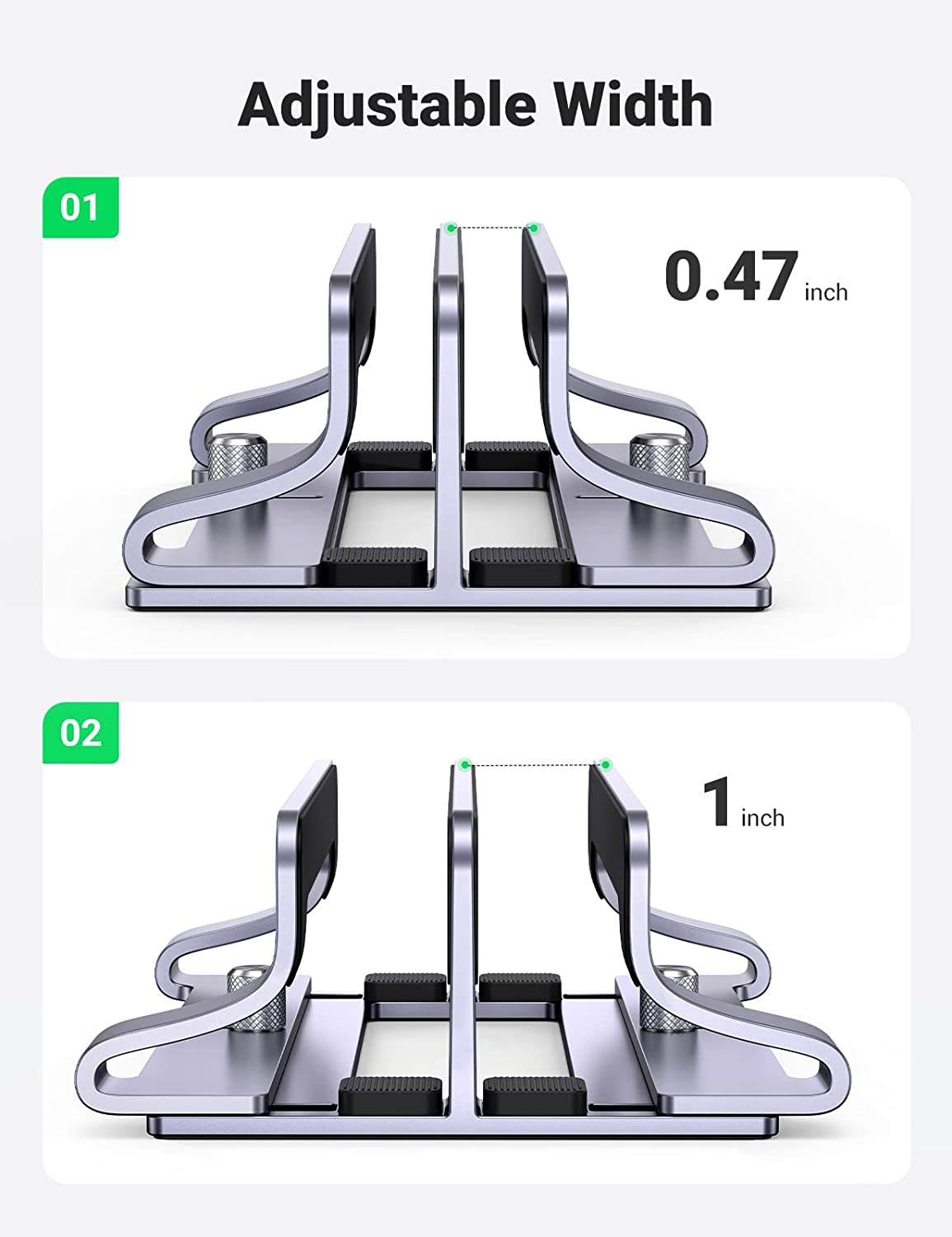 UGREEN Vertical Laptop Stand for Desk, Dual Slot Aluminum Holder, Adjustable Dock, Compatible with Macbook, Chromebook, up to 17.3 Inch, Grey image number 3