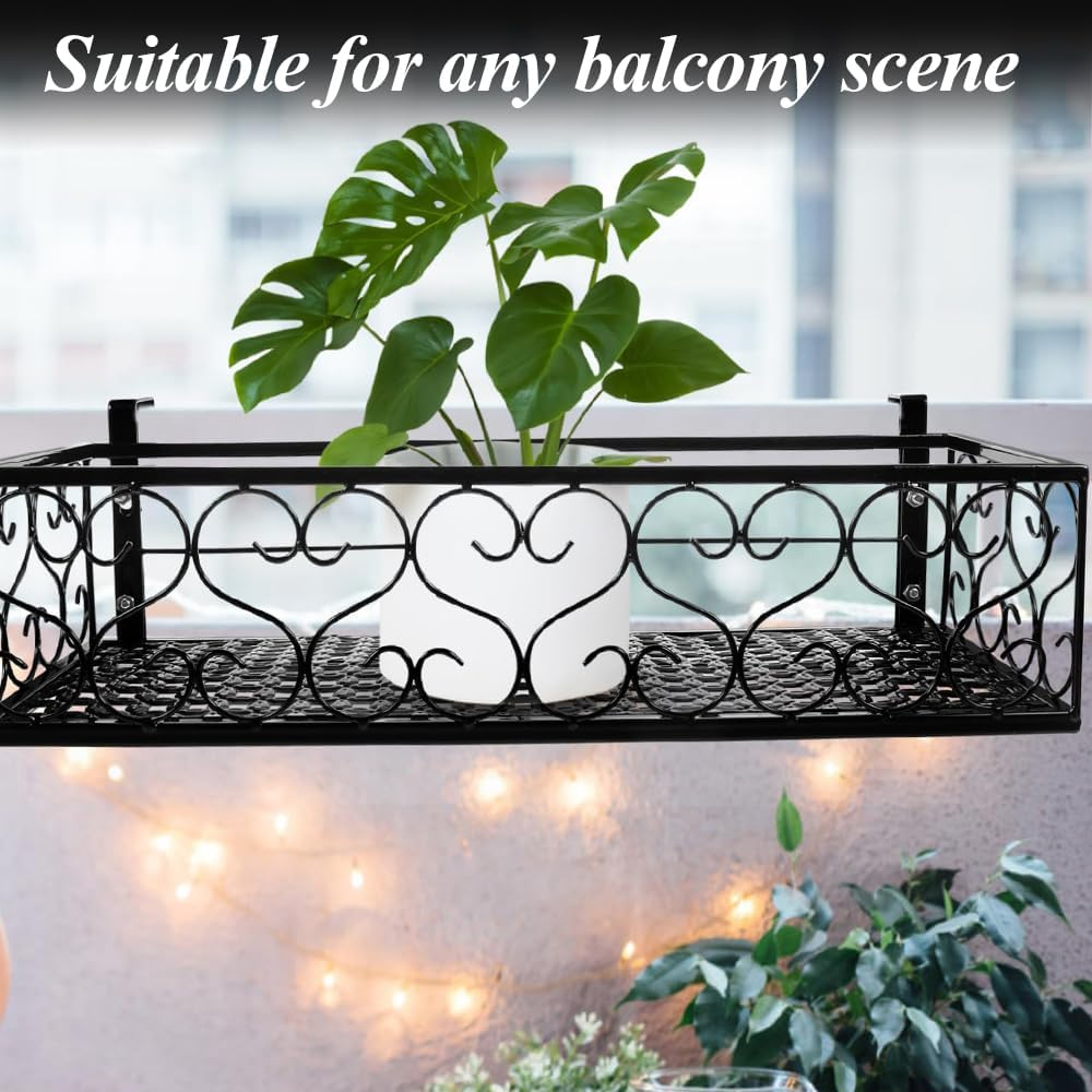 Plant Stand, Metal Hanging Basket, Portable Fence Planter Tray, Small Flower Pot Holder, Flowerpot Holder with Hooks, Storage Rack for Indoor Outdoor Use (Black, 30 * 20 * 11.5 CM) ﻿ image number 5