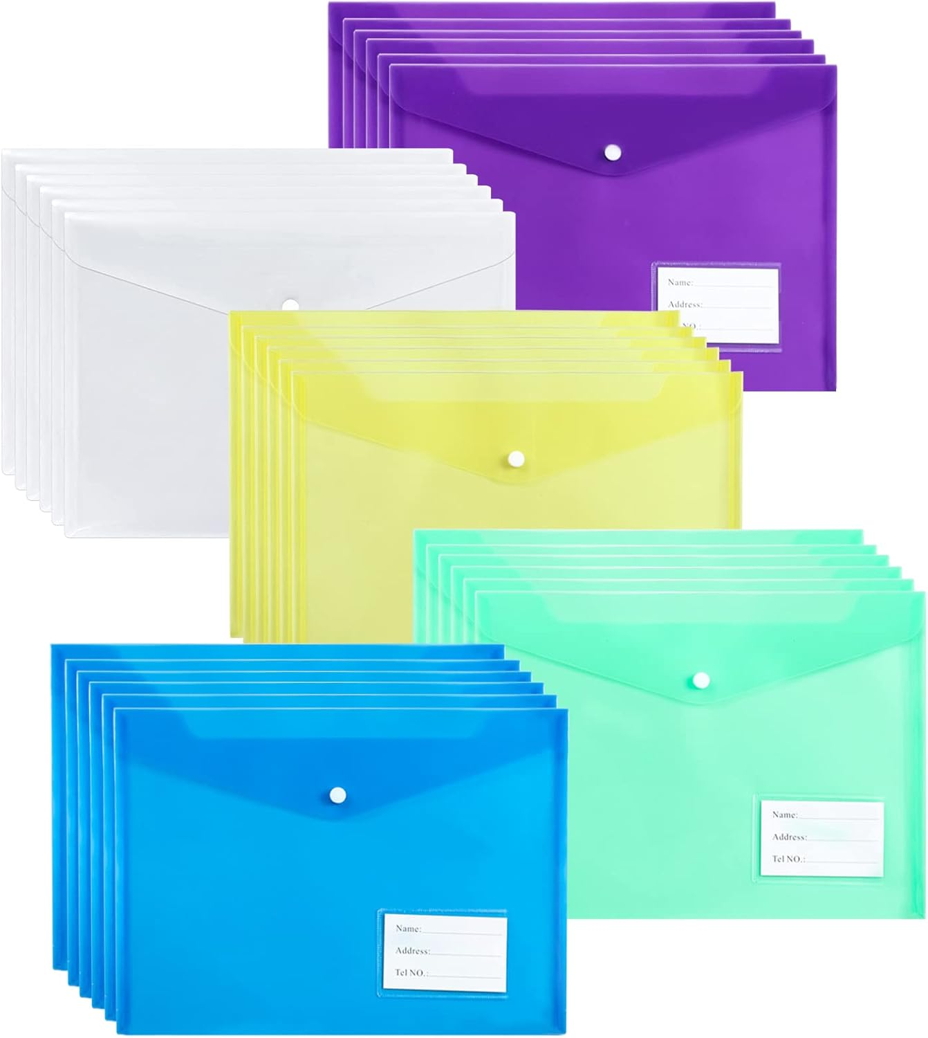 A4 Clear Folders,Qnlemon 30PCS Plastic Envelopes, Colour File Folders with Label Pocket & Snap Button for School Home Work Office Organization (Multiple Colours)