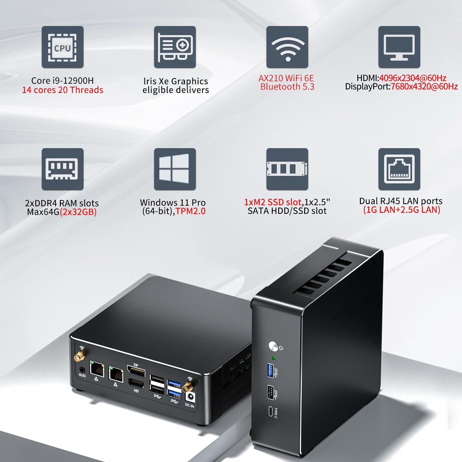 Mini PC I9, Desktop Computer with Core I9-12900H, 14 Cores Upto 5.0Ghz, Windows 11 Pro, 64G DDR4, 1T M.2 PCIE4.0 SSD, DP/HDMI/USB-C Triple Display, Support 8K/4K@60Hz, Dual LAN, Wifi6E/Bt5.3 image number 5
