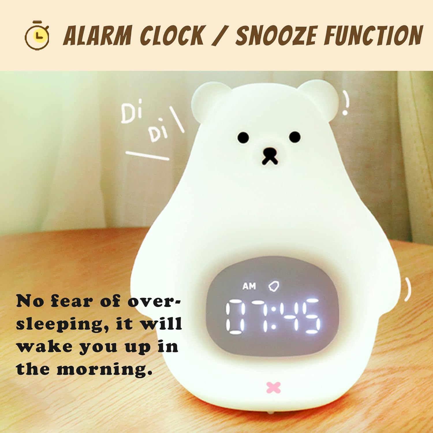 Bear Night Light, Cute Kids Alarm Clock, Soft Bpa-Free Silicone Portable Nursery Lamp, Children USB Rechargeable Nightlight for Girls Boys Toddler Birthday Gifts Bedroom Room Decor - White Bear (Remotecolorful) image number 3
