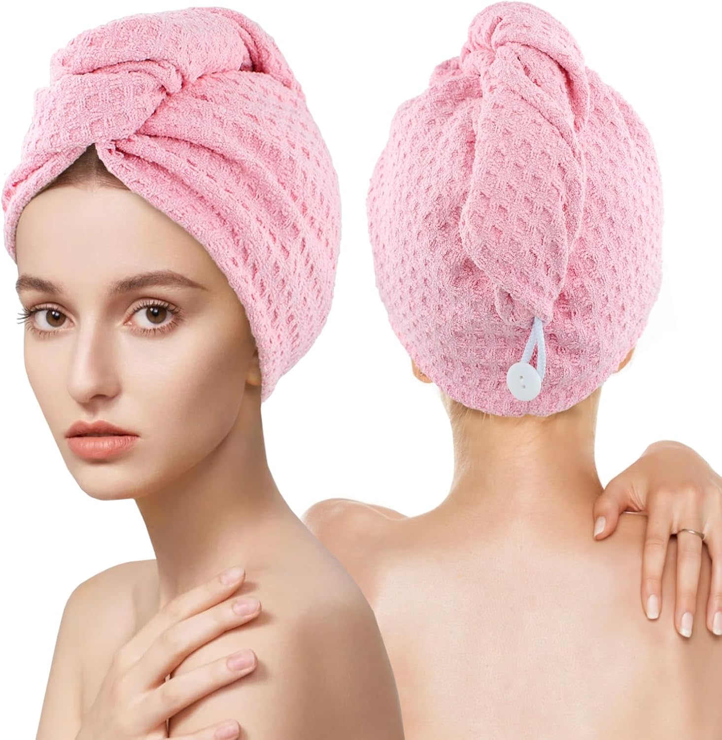 Microfiber Hair Drying Towel with Button 1Pack Khaki Waffle Long Hair Head Wraps Twist Plopping Curly Shower Turban Terry Cloth Fast Absorbent Dry anti Frizz Hair Wraps for Women Wet Hair