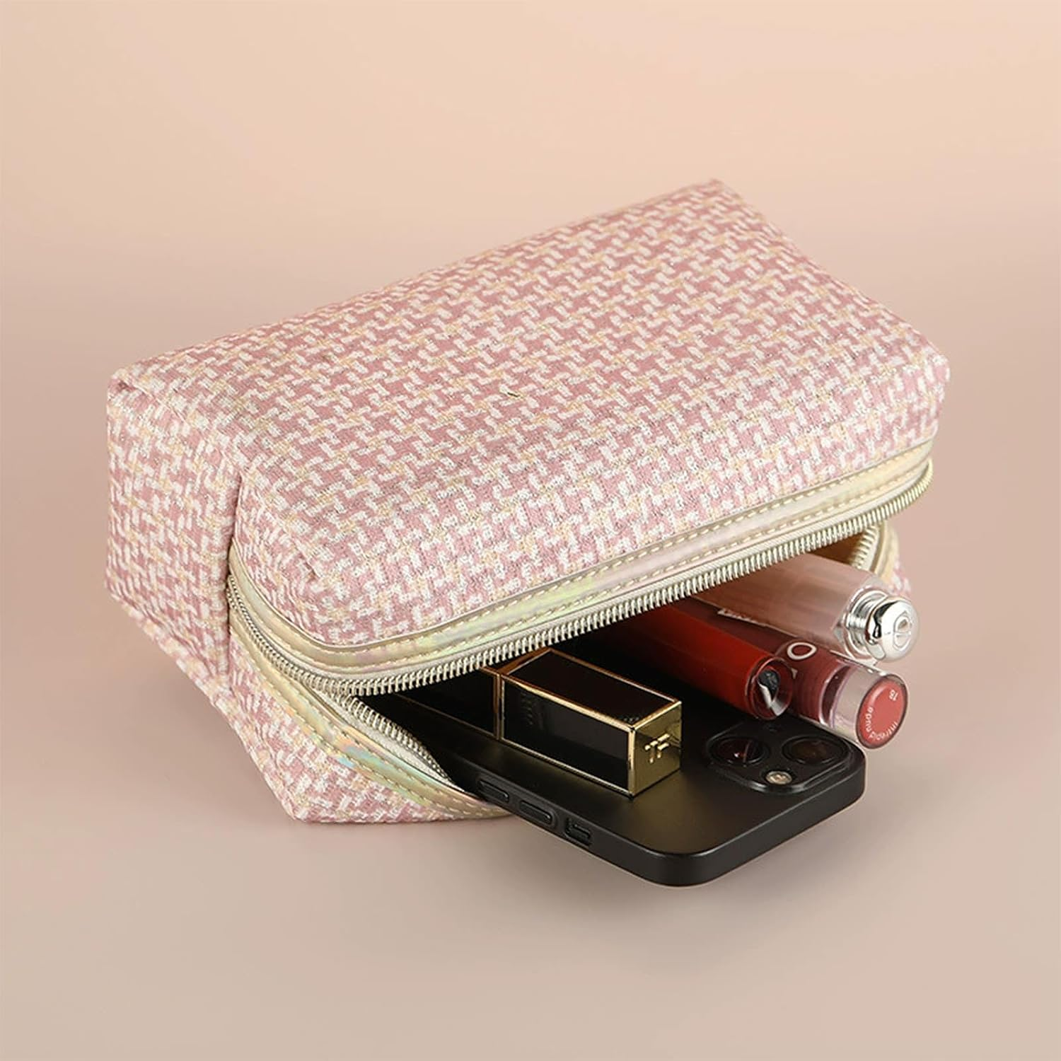 Checkered Makeup Bag for Purse Portable Zipper Make up Pouch Small Cosmetic Case for Travel Accessories(Blue) - Black image number 5