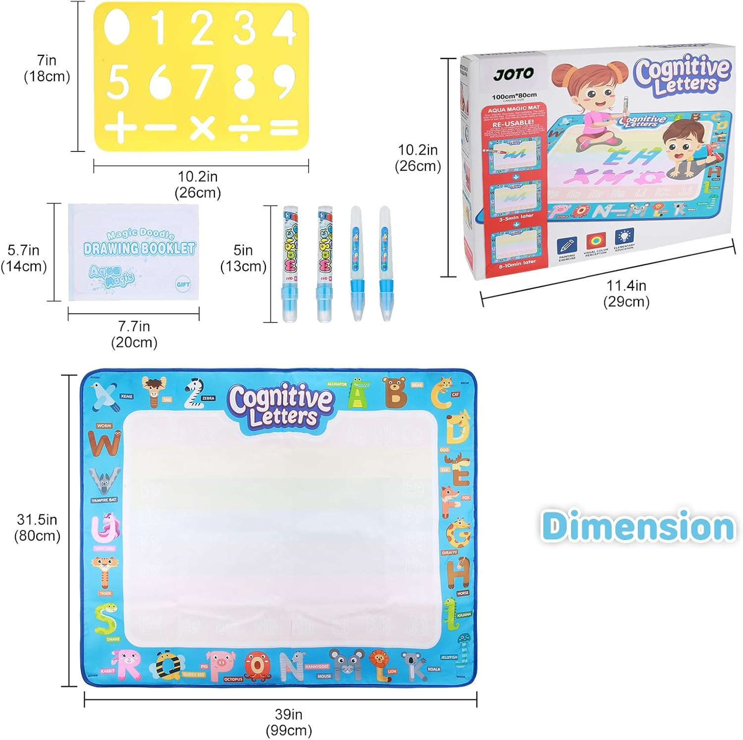 JOTO Magic Aqua Water Doodle Mat, Extra Large Drawing Coloring Mat Painting Writing Board with Accessories Educational Learning Toy for Kids Toddlers Boys Girls Age 3 4 5 6 7 8 Year Old -Mixed