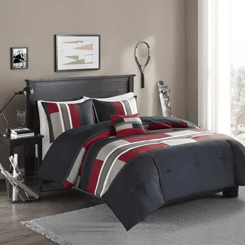 Comfort Spaces Casual Comforter Set Sporty Design, Vibrant Color, Active Lifestyle Boys Bedroom D&eacute;cor, All Season Soft Microfiber Bedding Set, Decorative Pillow, Sham Black/Red Twin/Twin XL 3 Piece