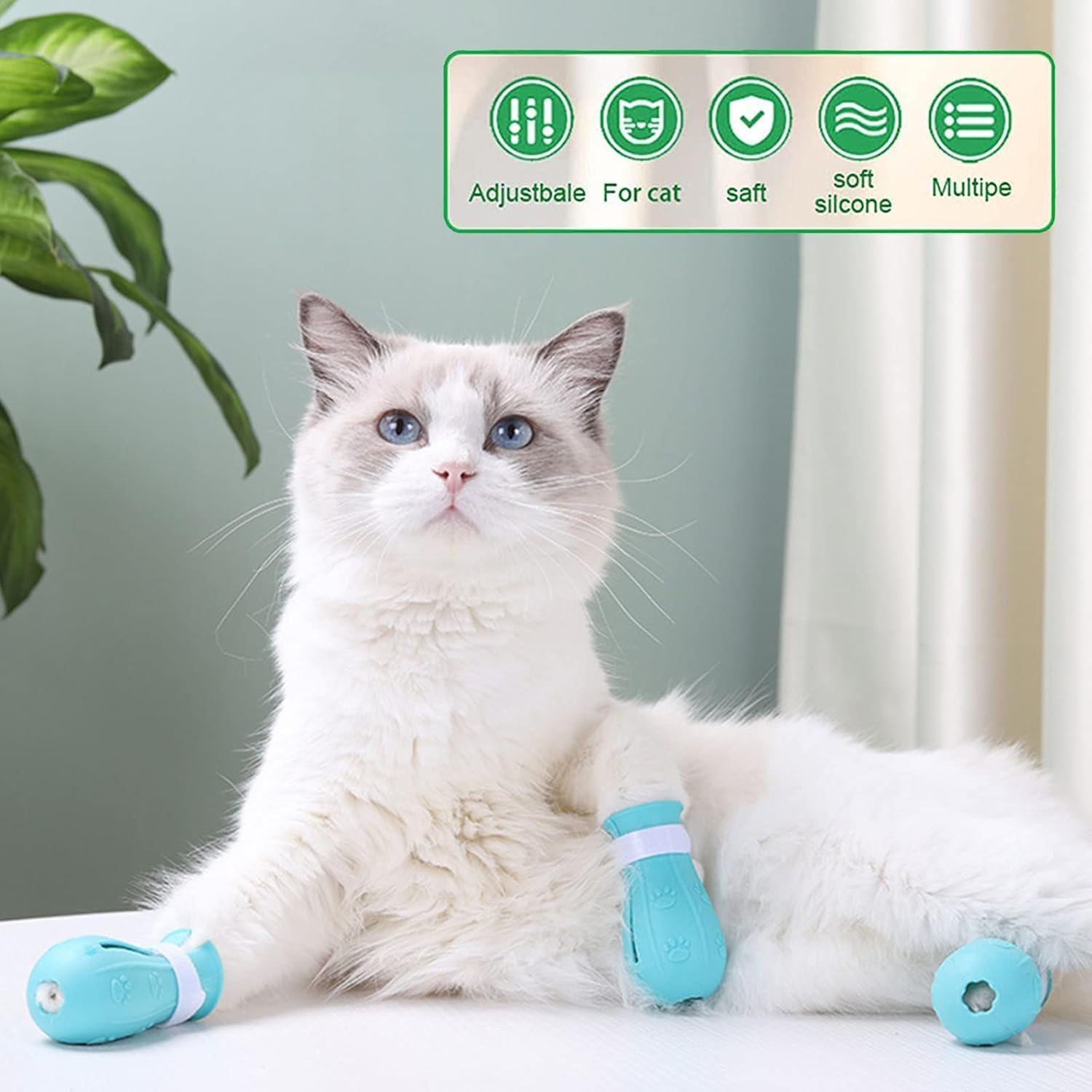 Anti-Scratch Cat Shoes 4 Pack, Pet Supplies Scratch Deterrent Booties, Grooming Accessories Silicone Nail Gloves, Adjustable Claw Cover for Bathing Shaving Checking Treatment (Blue) image number 3