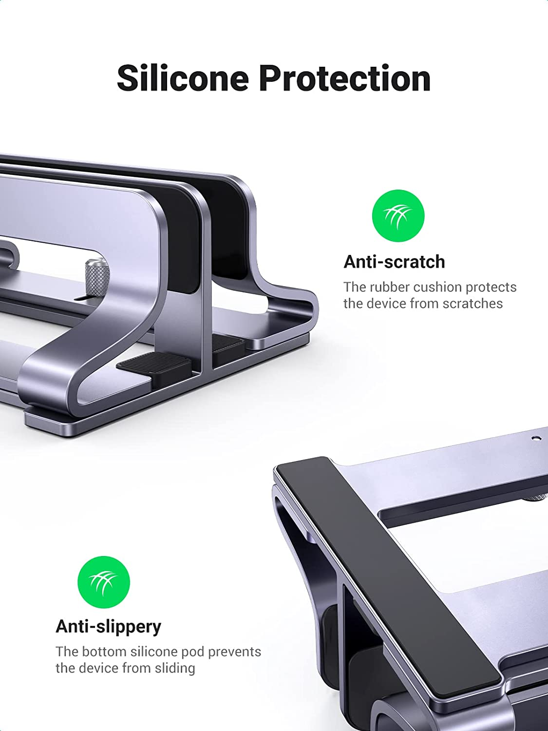 UGREEN Vertical Laptop Stand for Desk, Dual Slot Aluminum Holder, Adjustable Dock, Compatible with Macbook, Chromebook, up to 17.3 Inch, Grey