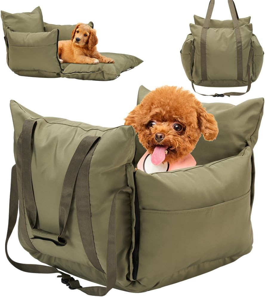 3-In-1 Dog Car Seats for Small Dogs Cats, Waterproof Portable Dog Booster Car Seat with Side Pocket, Clip-On Safety Leash, Hand Held Shoulder Carrier, Soft Pet Travel Seats for Puppy, Green image number 3