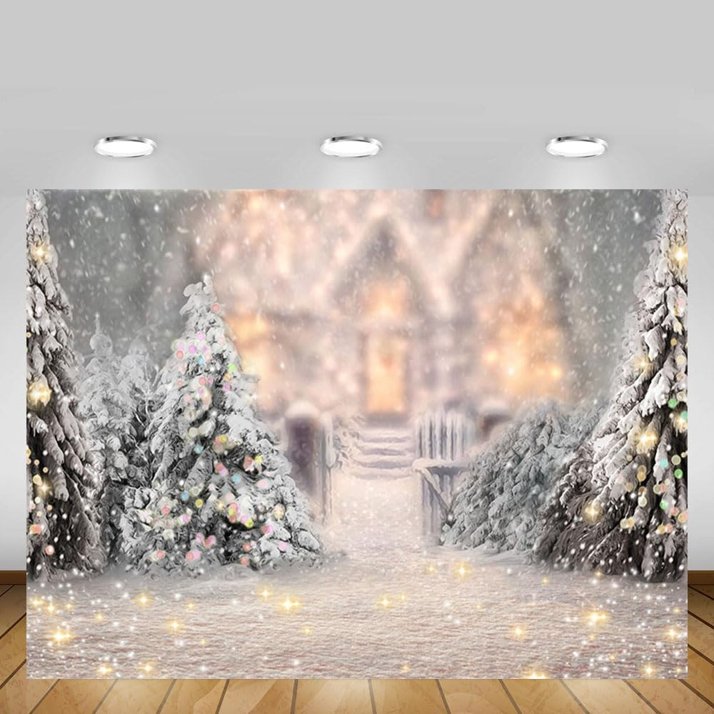 MEHOFOTO 7X5Ft Winter Christmas Tree Snowflake Photography Background Glitter Snow Scene Light Bokeh Castle Backdrops Xmas Birthday Party Photo Banner Props image number 1