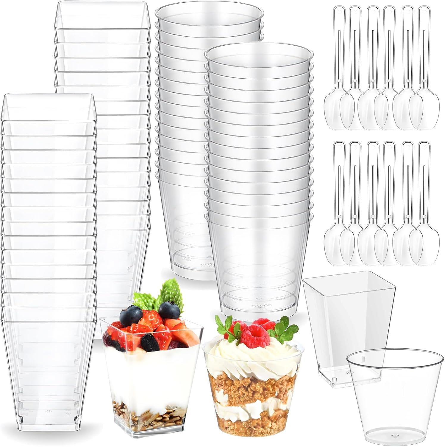 60 Pcs Clear Plastic Dessert Cups with Spoons, 200Ml/7Oz ＆150Ml/5Oz Small Reusable Plastic Dessert Cups for Party, Birthday, Appetizer, Puddings, Mousse, Yogurt & Ice Cream image number 1