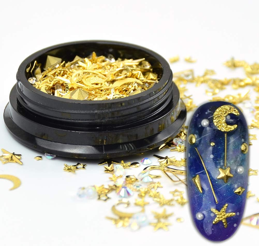 3D Gold Nail Studs Gems Mixed Sparkle Rhinestones Crystals Pearls Beads Hollow Moon Star Metal Rivets Charms Micro 3D Nail Art Decoration for DIY Jewelry Diamonds Women Manicure(2 Boxes)