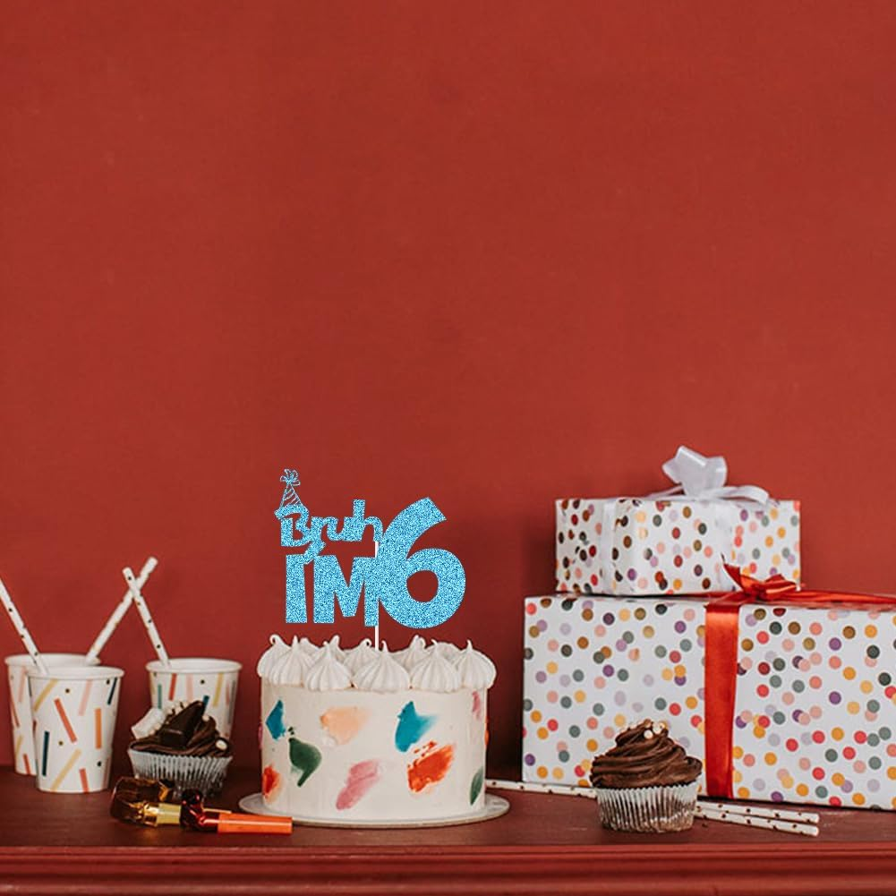 XIUHUBA Bruh I'M 6 Cake Topper, Happy 6Th Birthday Cake Decor, Kids Boys 6Th Birthday Party Decorations, Funny Six Years Old Birthday Party Supplies Blue Glitter