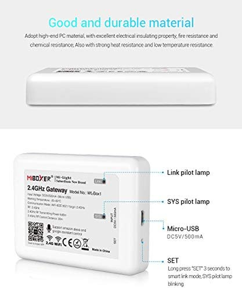Miboxer Wl-Box1 Gateway Hub,Used for Smartphone APP Control 2.4Ghz Series LED Lights and LED Strip Controller.Compatible with Alexa Google Home Assistant