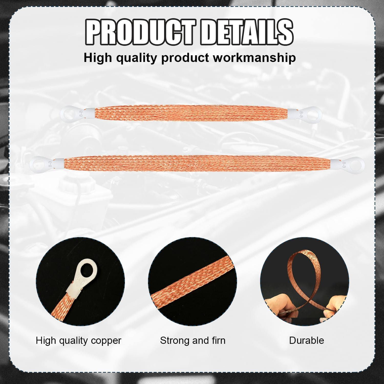 10Pcs Universal Automotive Ground Straps, 10/12 Inch Engine Ground Strap Kit Braided Copper Ground Straps Automotive Ground Strap Wire Ground Strap Connectors for Most Cars (Copper) image number 2