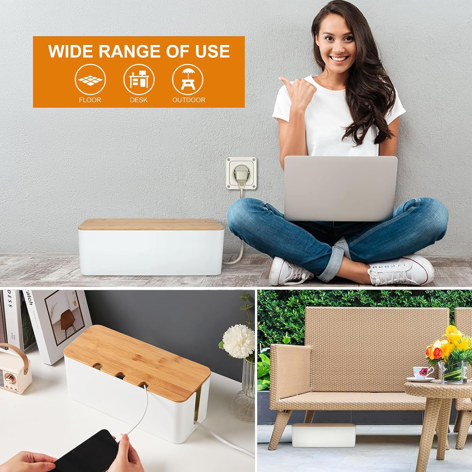3 Sets of Cable Management Box,Bamboo Cover Cable Organizer Box Storage Tidy for Desk TV Computer USB Hub Phone Holder, Powerboard Charging Cable image number 3