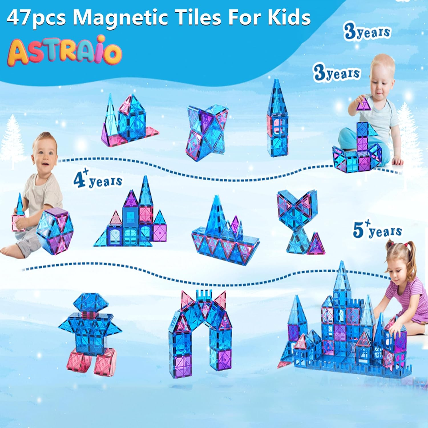 Magnetic Tiles Kids Toys for 3 4 5 6 7 8+ Year Old Boys Girls Frozen Toys Castle Princess Magnetic Building Blocks Educational Toddler Gifts Age 2-4 5 6-8 Year Old Girl Boy Birthday