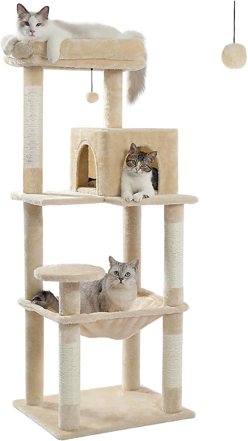 PAWZ Road Cat Tree 143Cm Cat Scratching Post Multi-Level Play Tower with a Large Hammock and Top Perch Home Pet Furniture Beige image number 2